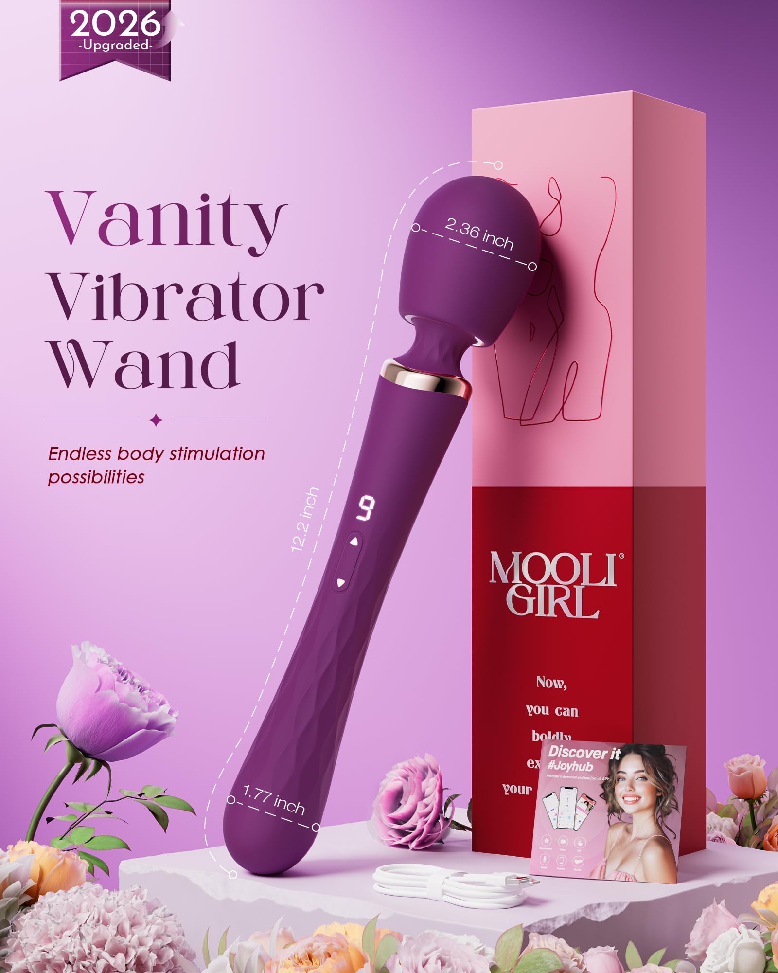 MOOLIGIRL Vibrator Wand Dual-Ended Dildo, APP Controlled Women Sex Toys with 9 + 9 Vibration Modes, Powerful and Quiet, IPX7 Waterproof Rechargeable G Spot Vibrators for Solo & Couple Play