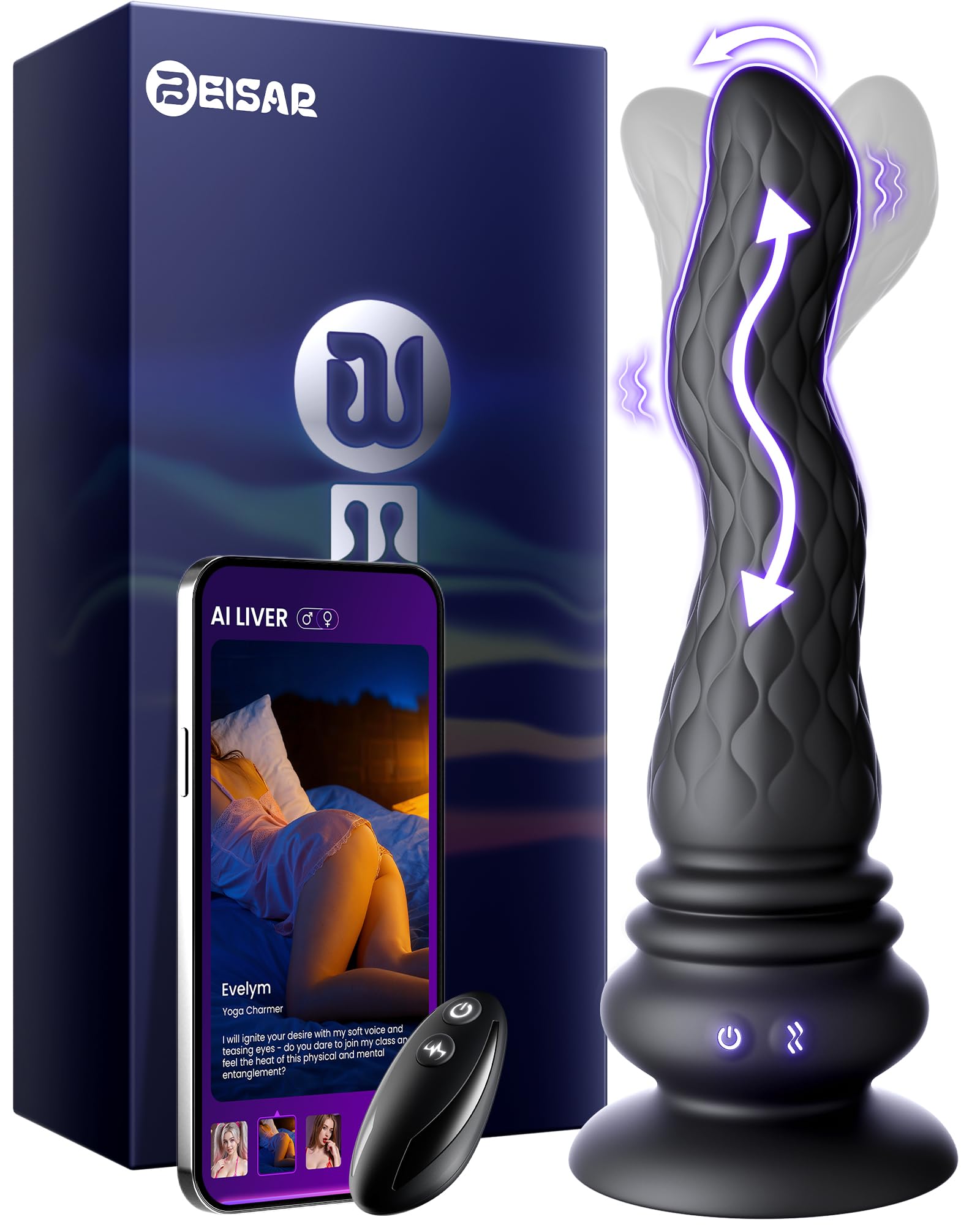 Beisar 3 in 1 Prostate Massager Anal Vibrator - Powered Vibrating Butt Plug Male Sex Toys for Men with 9 Wave Wriggling Modes, Anal Dildo Plug Adult G, P-Spot Vibrator Remote Control Fetish Jewelry