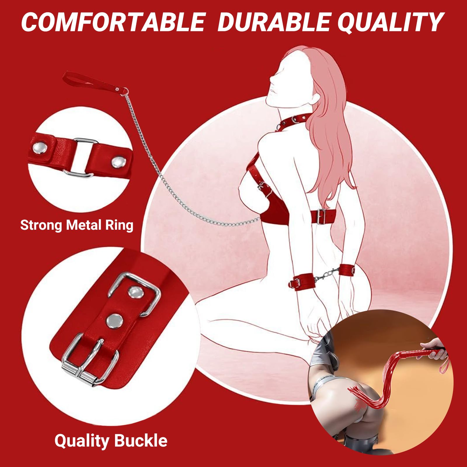 Breast Bondage Restraints Set for Couples – Adjustable Leather BDSM Harness with Handcuffs, Collar, Traction Chain & Whip – Kinky Adult Toys for Bedroom Roleplay, Fits B-E Cup (Red)