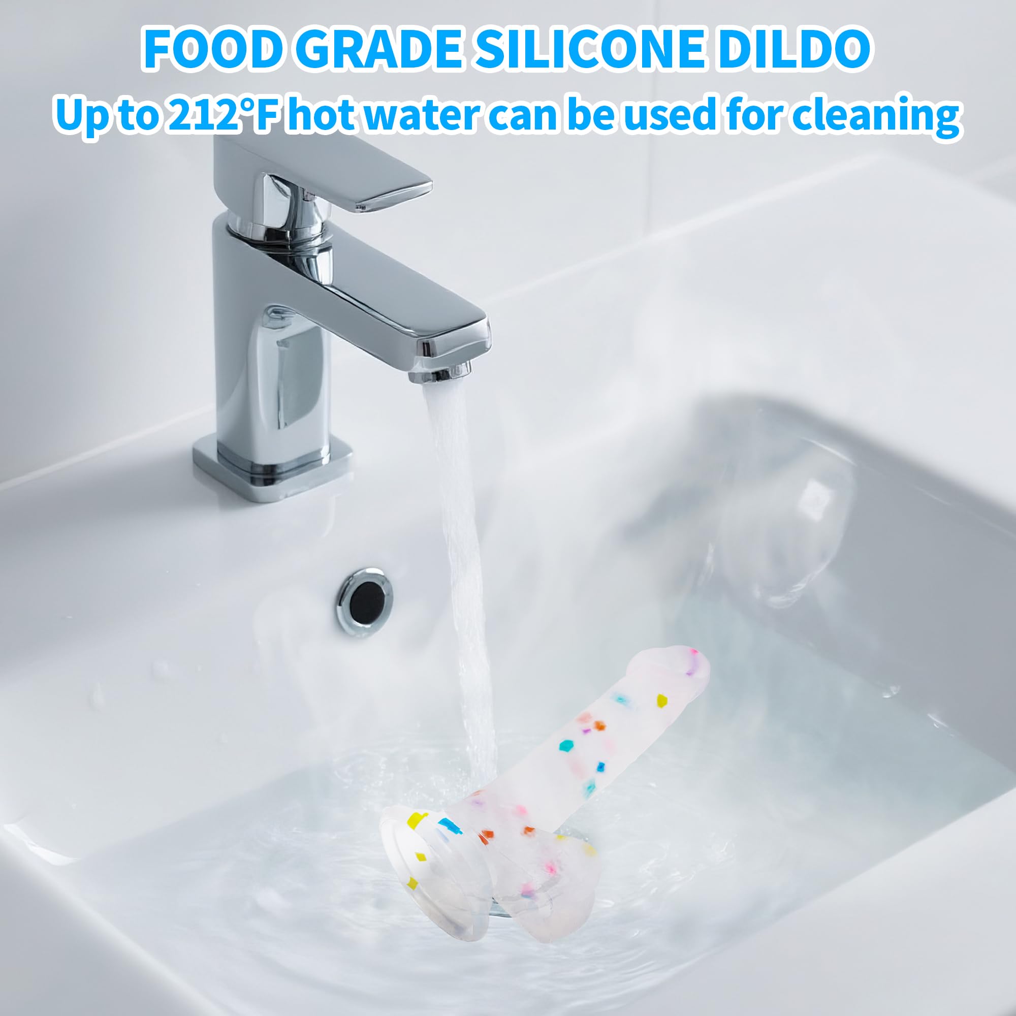 Seiecft 6.5 Inch Confetti Clear Silicone Dildo with Flared Suction Cup Base for Hands-Free Play, Flexible Dildo with Curved Shaft and Balls for Vaginal G-Spot and Anal Prostate