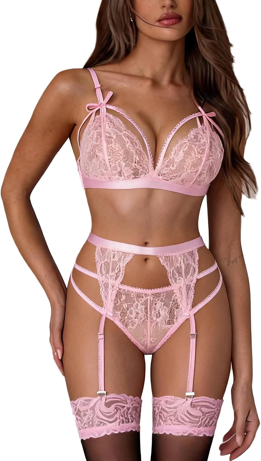 Avidlove Women Lingerie Set Lace Teddy Strap Babydoll Bodysuit with Garter Belts