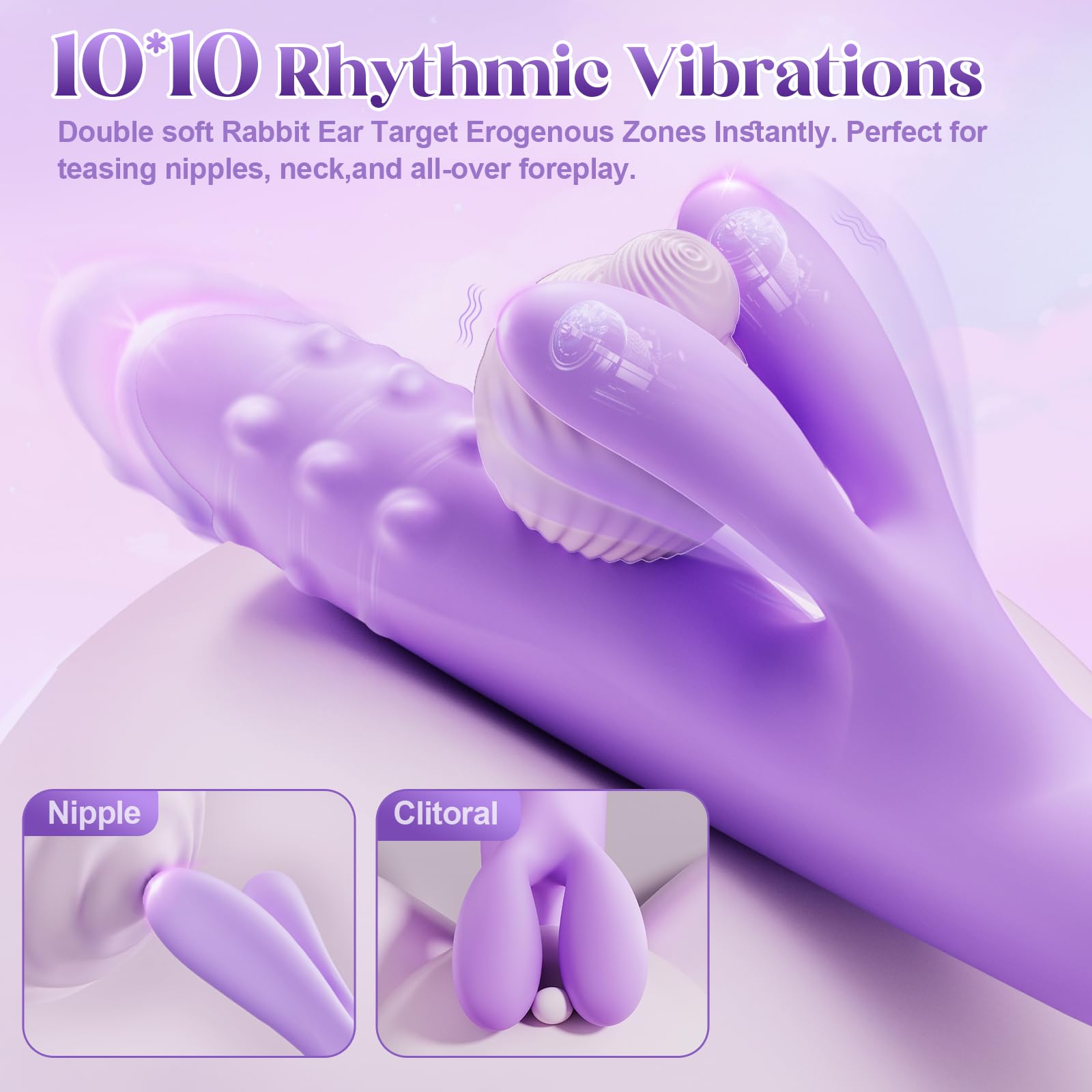 Vibrator Sex Toys Thrusting Dildo - Rolling G Spot Stimulator with Tri-Row 360°Rotating Beads + 10 Thrust + 10 Vibration for Dual Rabbit Ears, Ultra-Soft Liquid Silicone Adult Toy for Women Men Couple
