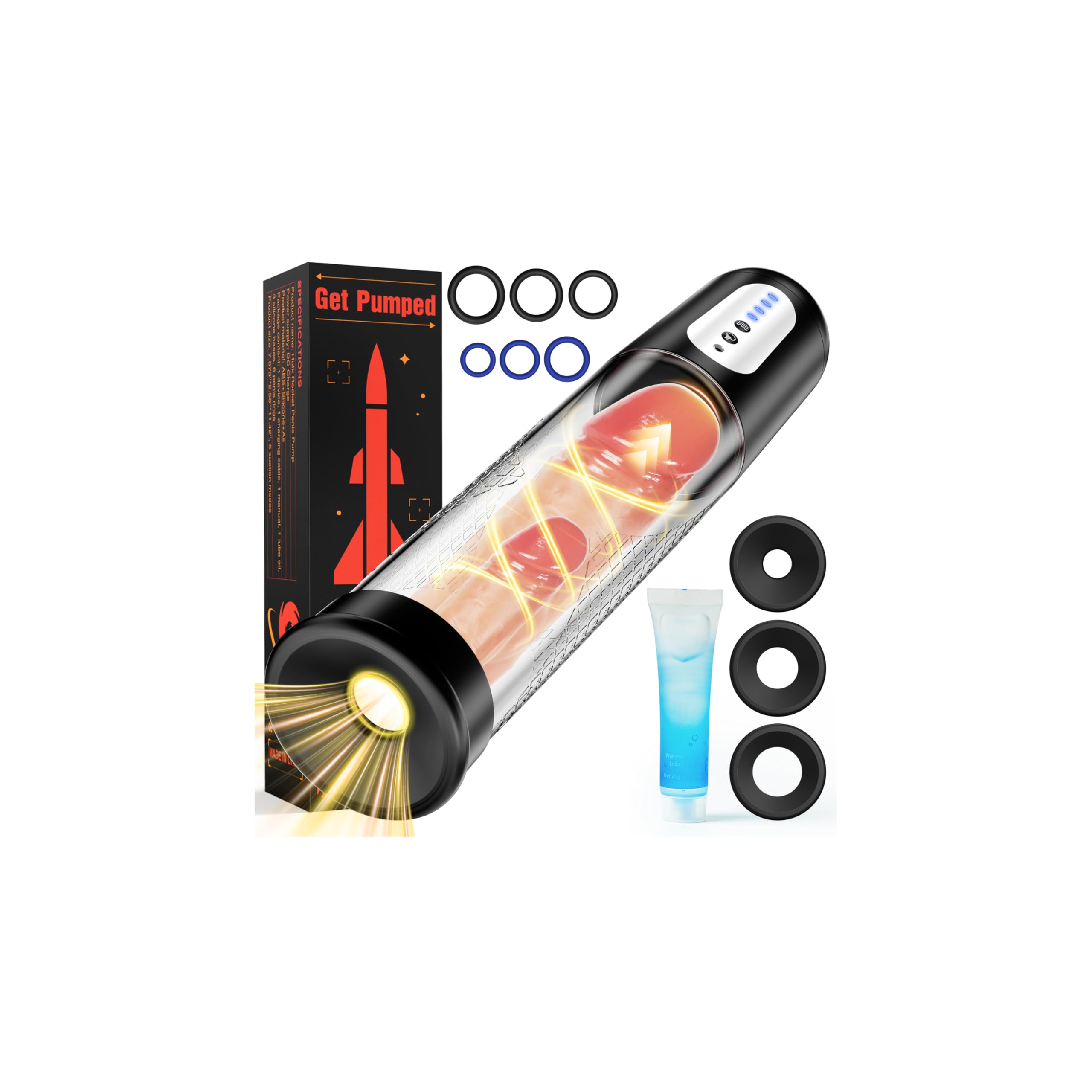 Electric Penis Pump Sex Toys - Automatic Penis Extender Enlargement Pump with 4 Suction Intensities, Digital Display Rechargeable Men Training Adult Sex Toys - Pumps & Enlargers 6 Cock Rings