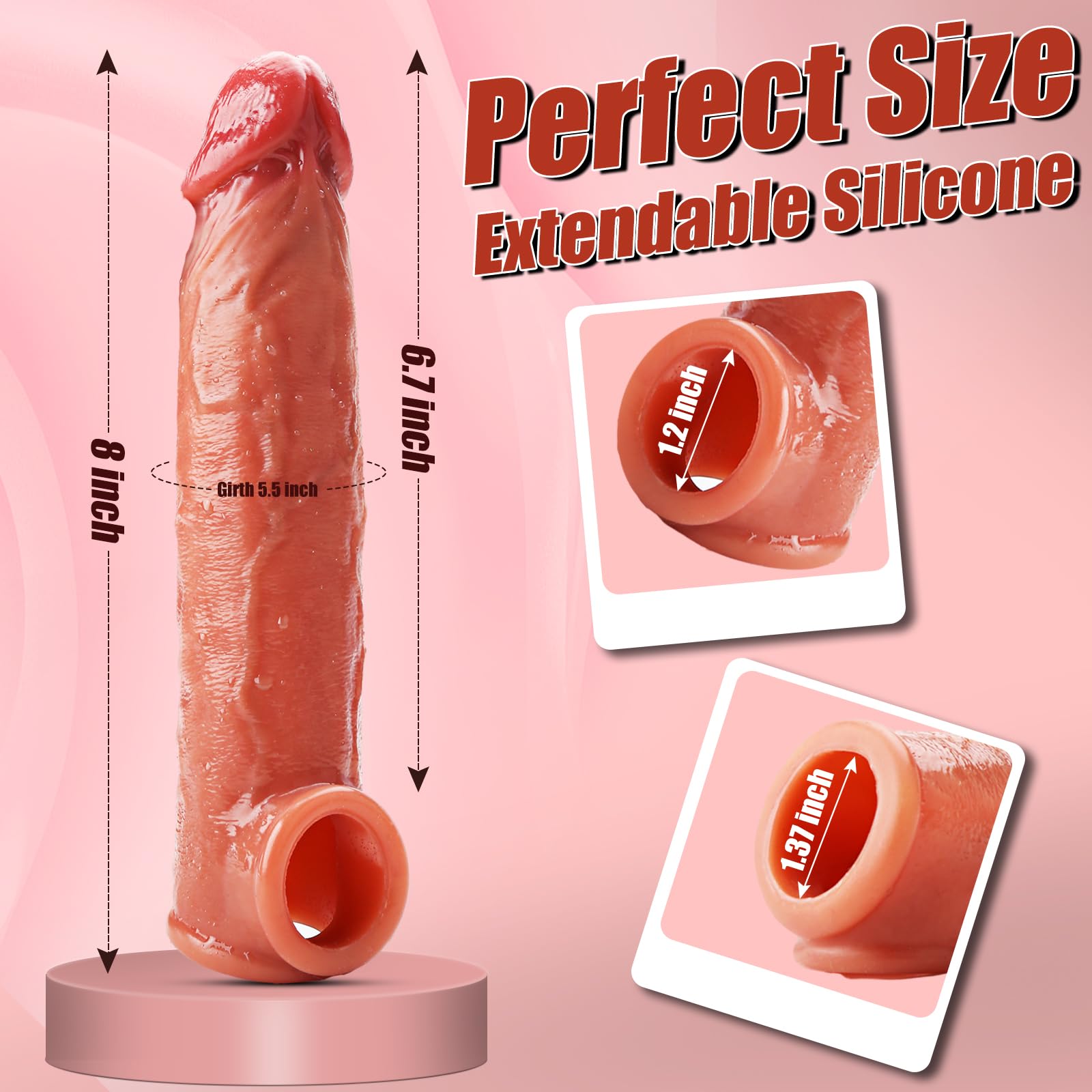 Realistic 8" Penis Sleeve Extender for Men, Soft Silicone Cock Sleeve with Scrotum Ring, Reusable Penis Enlarger for Thicker & Longer Erection, Delay Ejaculation Adult Sex Toy for Men & Couples