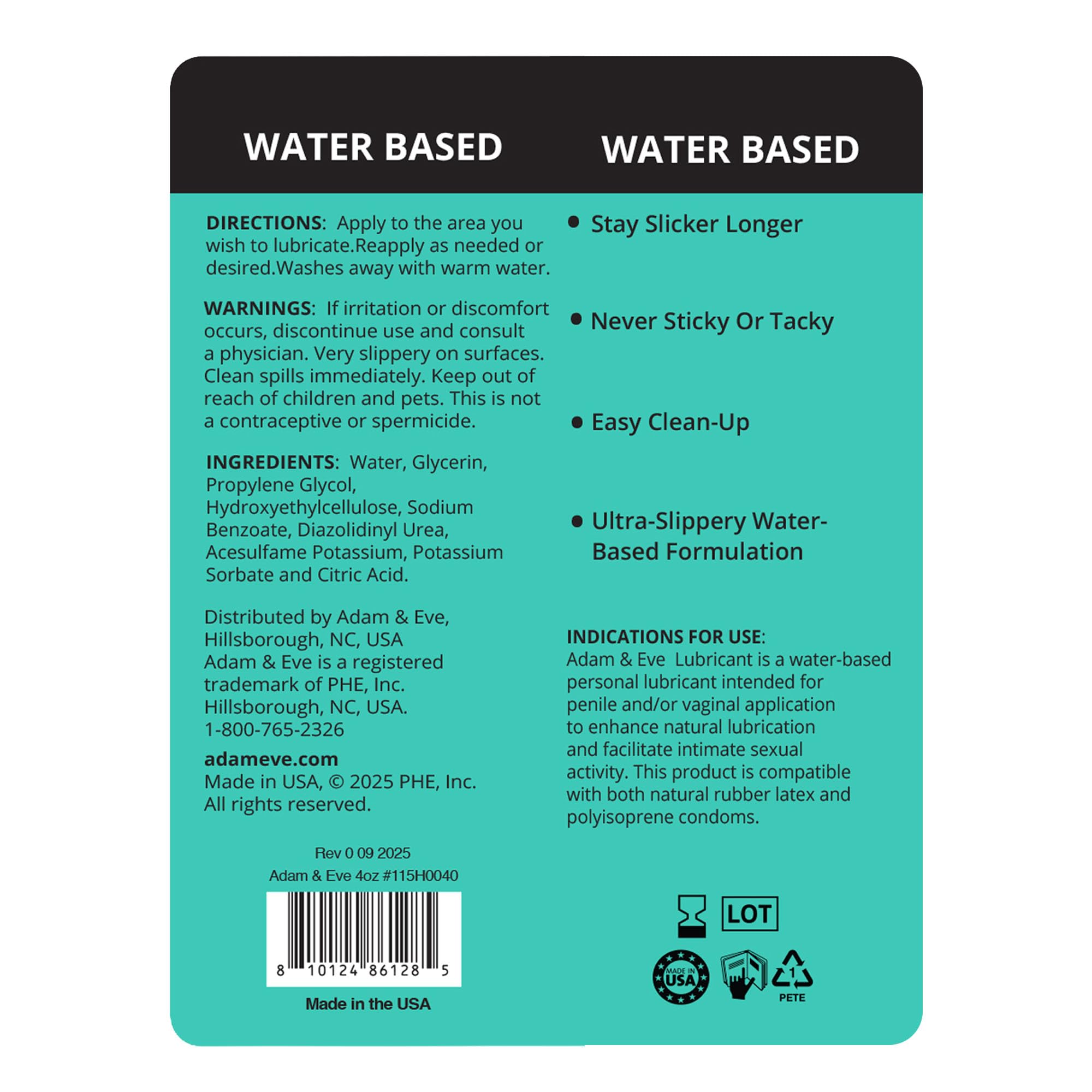 Adam & Eve Water Based Lube, Personal Lubricant, Long Lasting Non Sticky Non Staining Lube for Men, Gifts for Women and Couples, Lubricants for Privacy and Toys, Easy Clean Up, 4 oz (Unflavored)