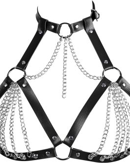 Leather Bra CageStyle Shoulder Strap,Punk Layered Chest Chain,Punk Black Leather Chest Harness Body Waist Chain Belt Rave Nightclub Belly Bra Jewelry Accessor for Halloween Carnival