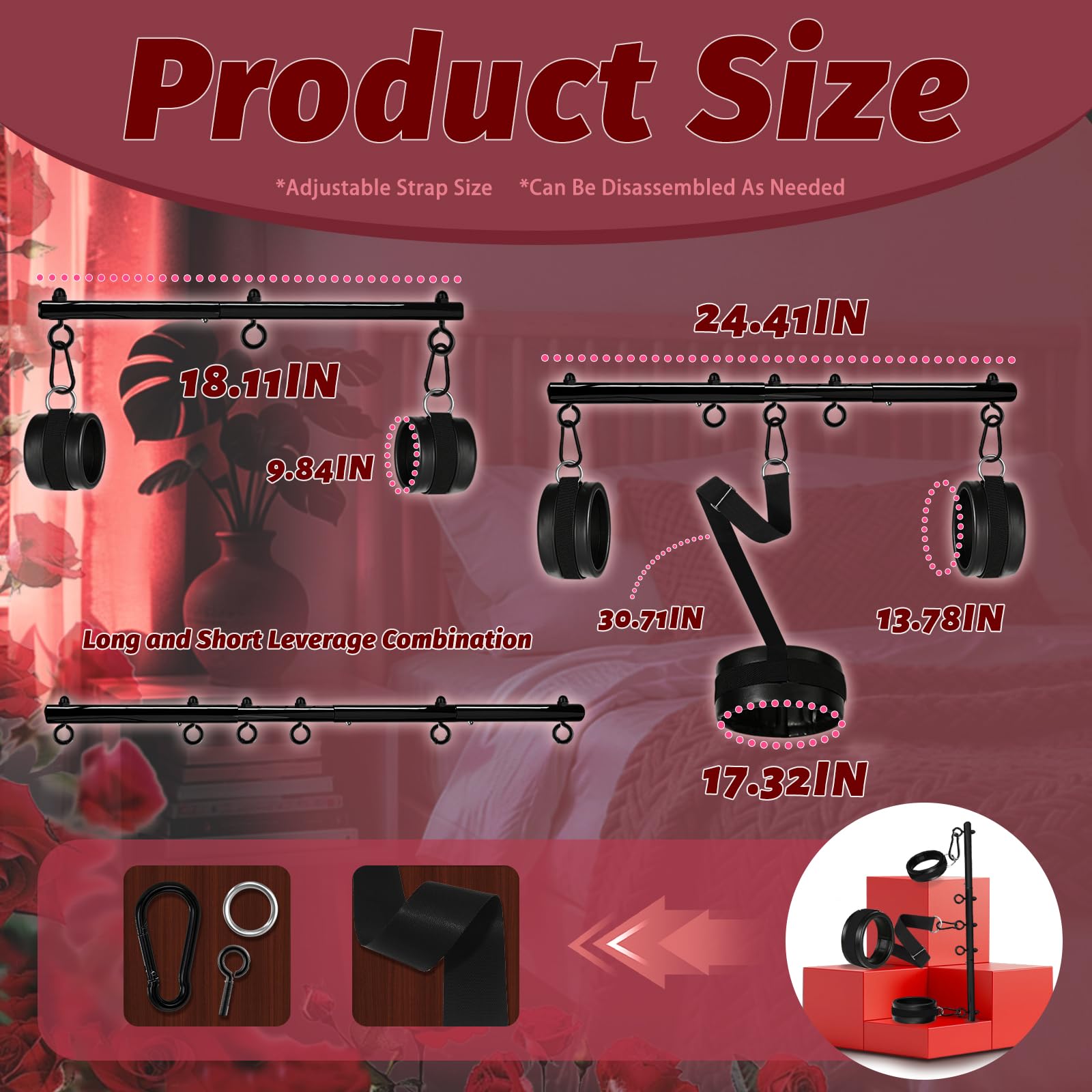Spreader Bar Sex Toys BDSM Bondage Restraints with Leather Handcuffs Ankle Cuffs Furniture Restraints Kit Expandable Fetish Sm Games (Black)