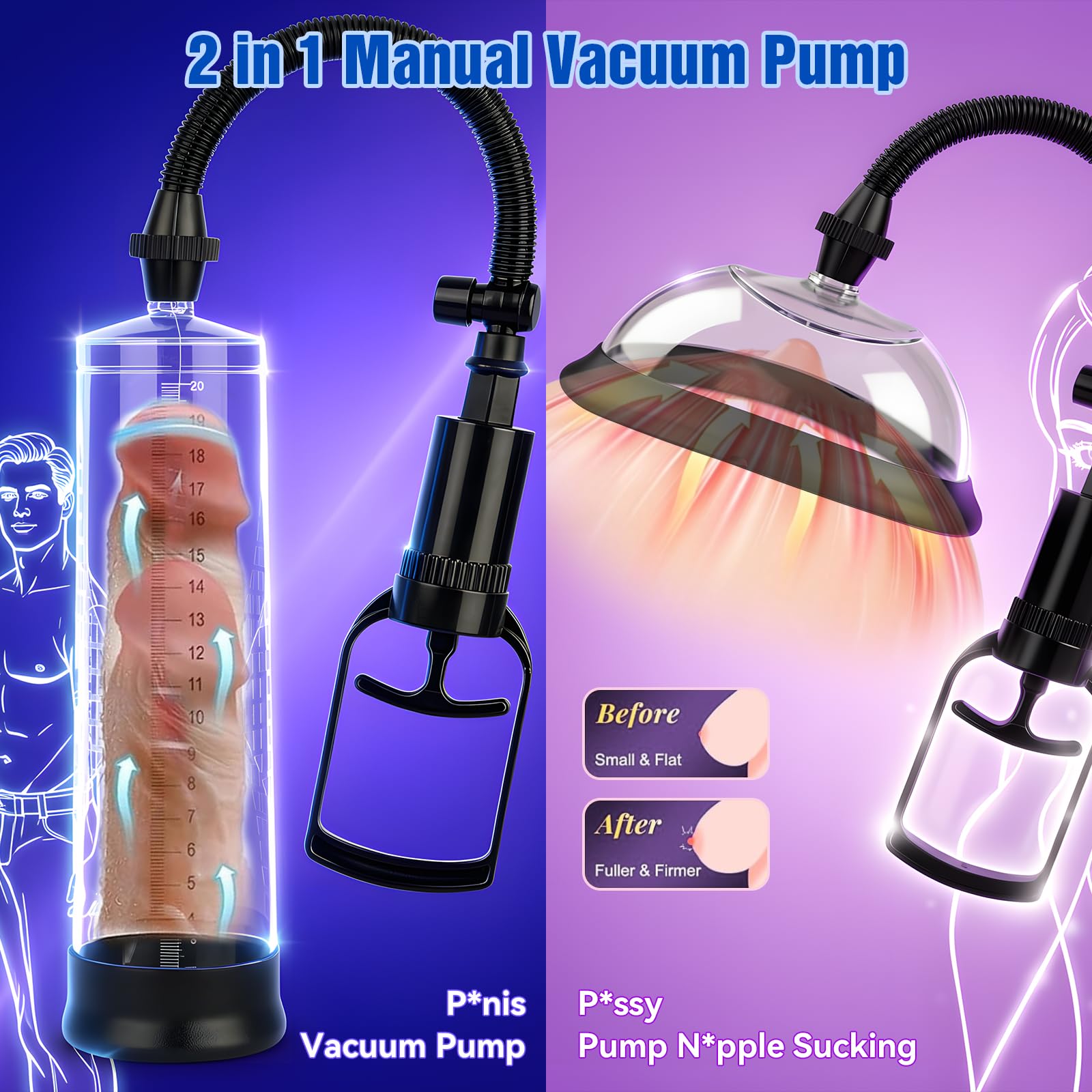 Penis Pump Pussy Pump 2 in 1 Adult Toy, Manual Vacuum Pennis Extender with Nipple & Clit Suckers, Mini Pocket Pussy& Cock Ring Kit, Male Masturbator, Couples Sex Toys - Pumps & Enlarger