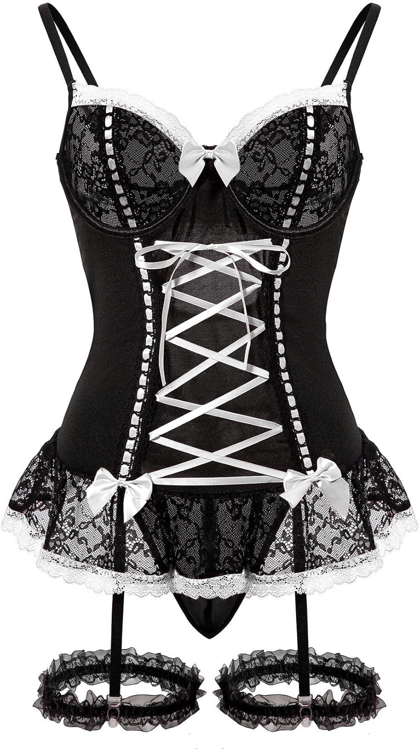 Sexy Mesh Corset Ruffle Lace Up Underwire Sheer Garter Belt Babydoll Lingerie Set With Thong 3 Piece Women