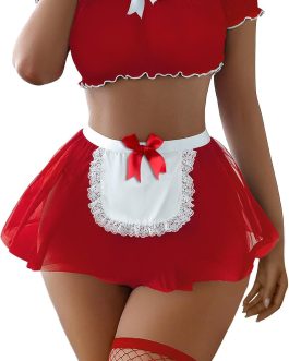 Sexy Stockings Mini Skirt Mesh Sheer Lace Halloween Costume Maid Outfit Lingerie with Thong Set 4 Piece