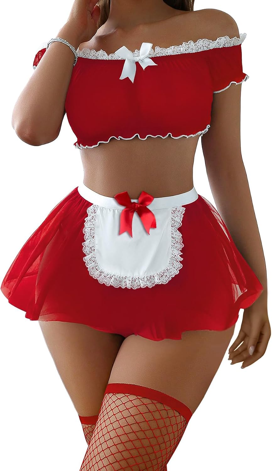 Sexy Stockings Mini Skirt Mesh Sheer Lace Halloween Costume Maid Outfit Lingerie with Thong Set 4 Piece
