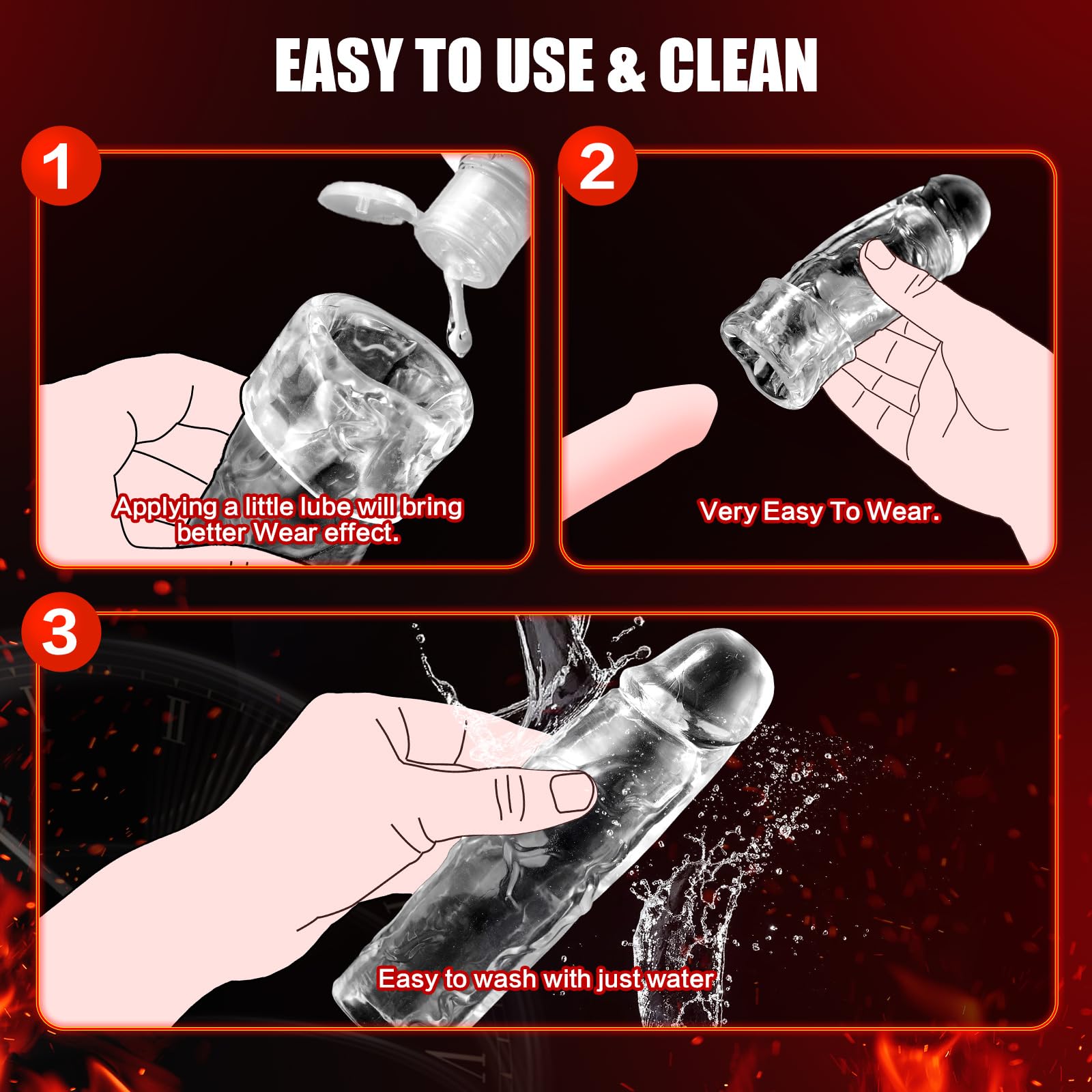 3 Size Reusable Penis Sleeve — Soft Clear Cock Sleeve & Penis Extender for Added Length & Girth, Ring-Free Secure Fit that Stays in Place, Comfortable Penis Extension for Men & Couples
