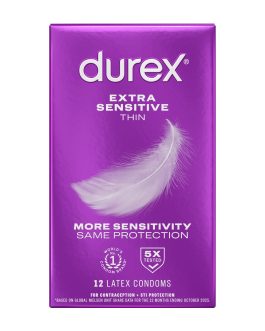 Durex Extra Sensitive Thin Condoms, Lubricated Latex Condoms for Men, 12 Count