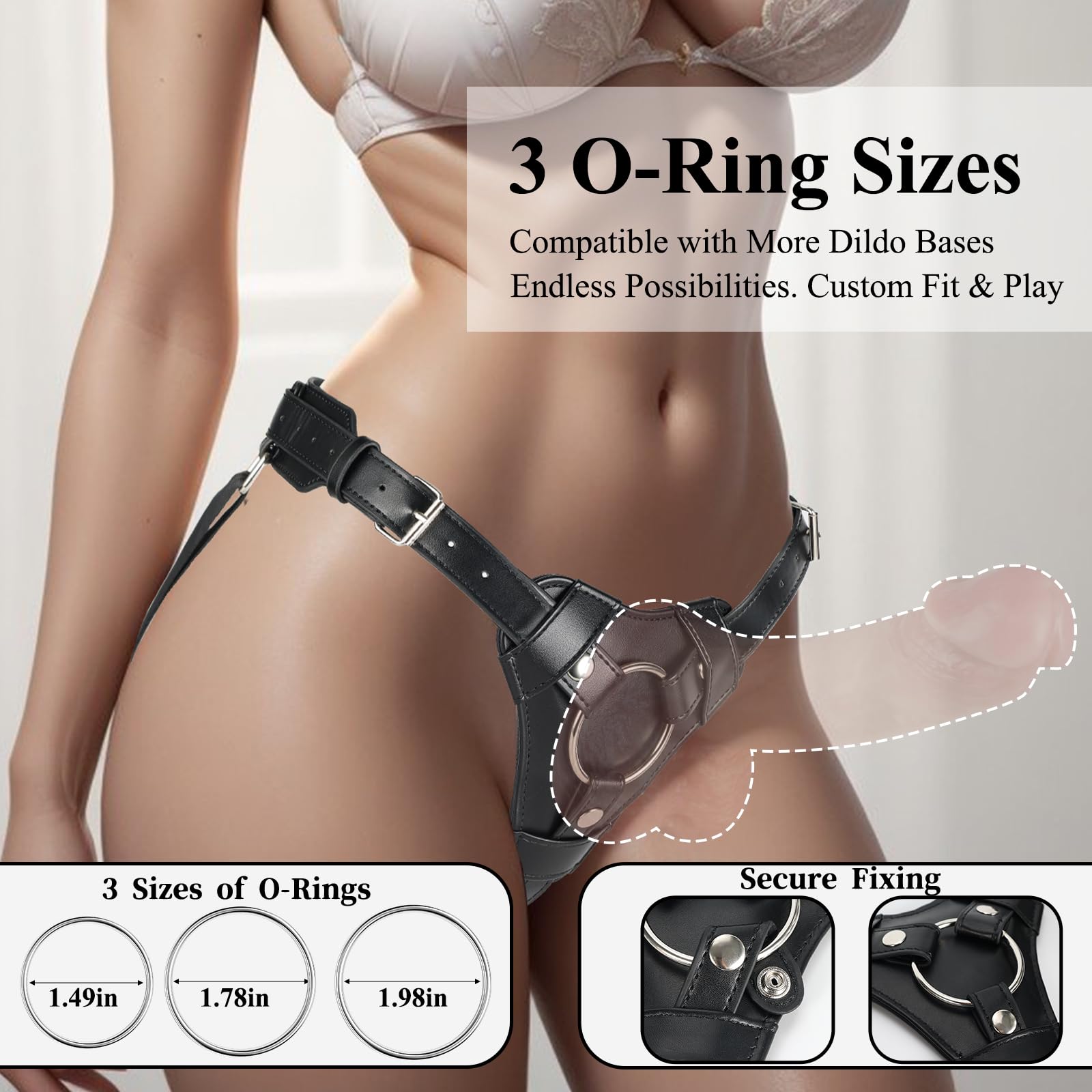 Strap On Dildo Harness for Lesbian Play, Adjustable Strap-On Panty with 3 Size O-Rings, Vegan Leather & Nylon Belt for Flared Base Dildos, Pegging, Anal, Vaginal, Sex Toys for Women Female Couples