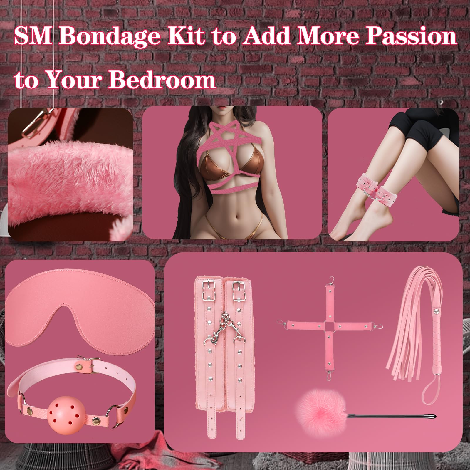 BDSM Bondage Kit Sex Toys 10 Pcs Sex Bondage Set for Beginners Ball Gag Bondage Rope BDSM Kit for Couples (Pink)