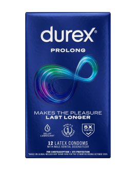 Durex Prolong Condoms with Delay Lubricant, Ribbed & Dotted Condoms for Men, 12 Count