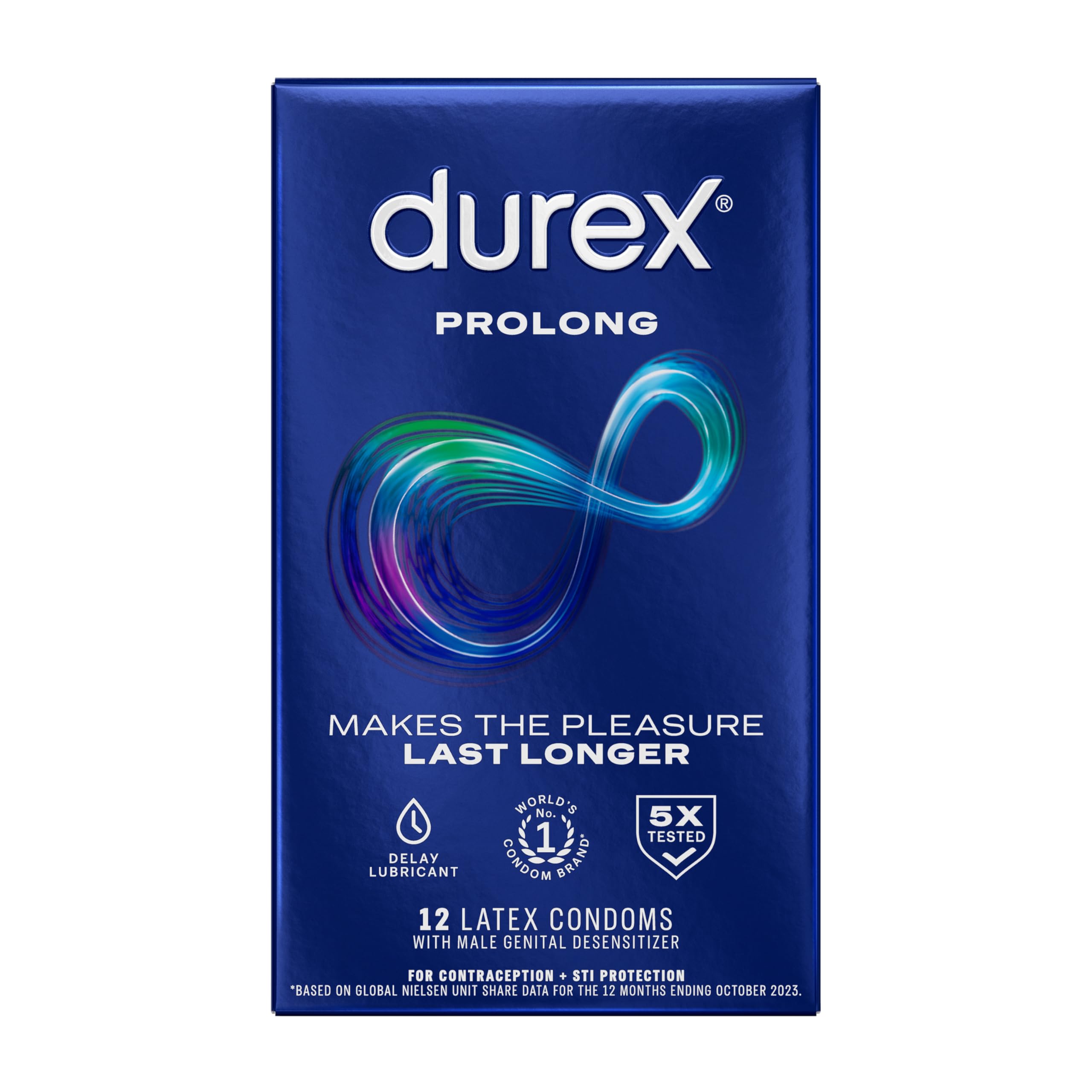 Durex Prolong Condoms with Delay Lubricant, Ribbed & Dotted Condoms for Men, 12 Count