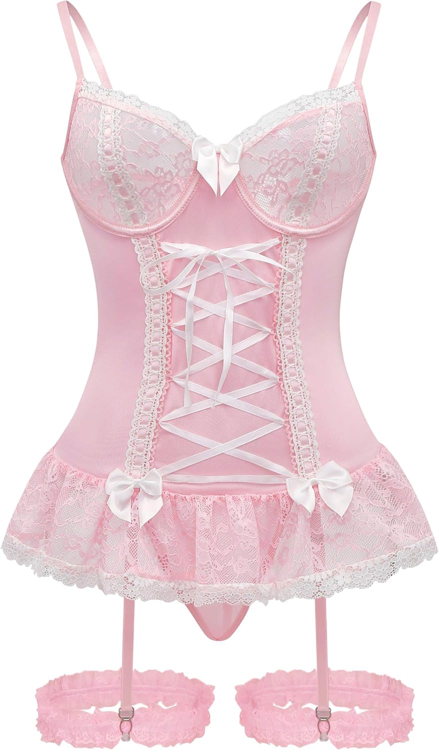 Sexy Mesh Corset Ruffle Lace Up Underwire Sheer Garter Belt Babydoll Lingerie Set With Thong 3 Piece Women