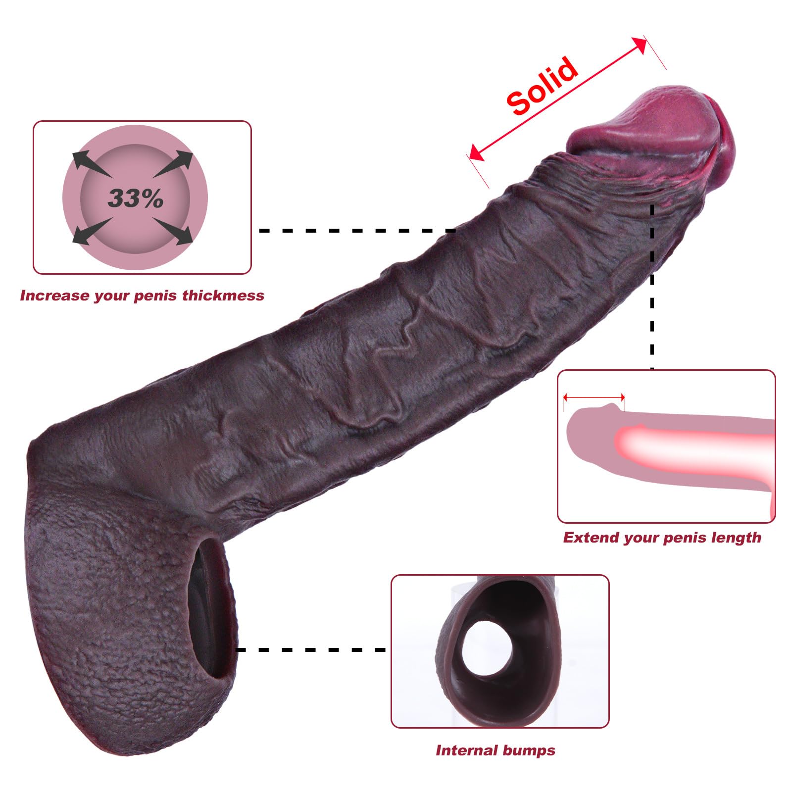 Realistic Penis Enlarger for Men, Reusable 7.5-Inch Silicone Penis Sleeve with Thickened Cock Ring Extender, Delay Ejaculation, Enhance Erection Dildo, Male Couples Adult Toy Umania