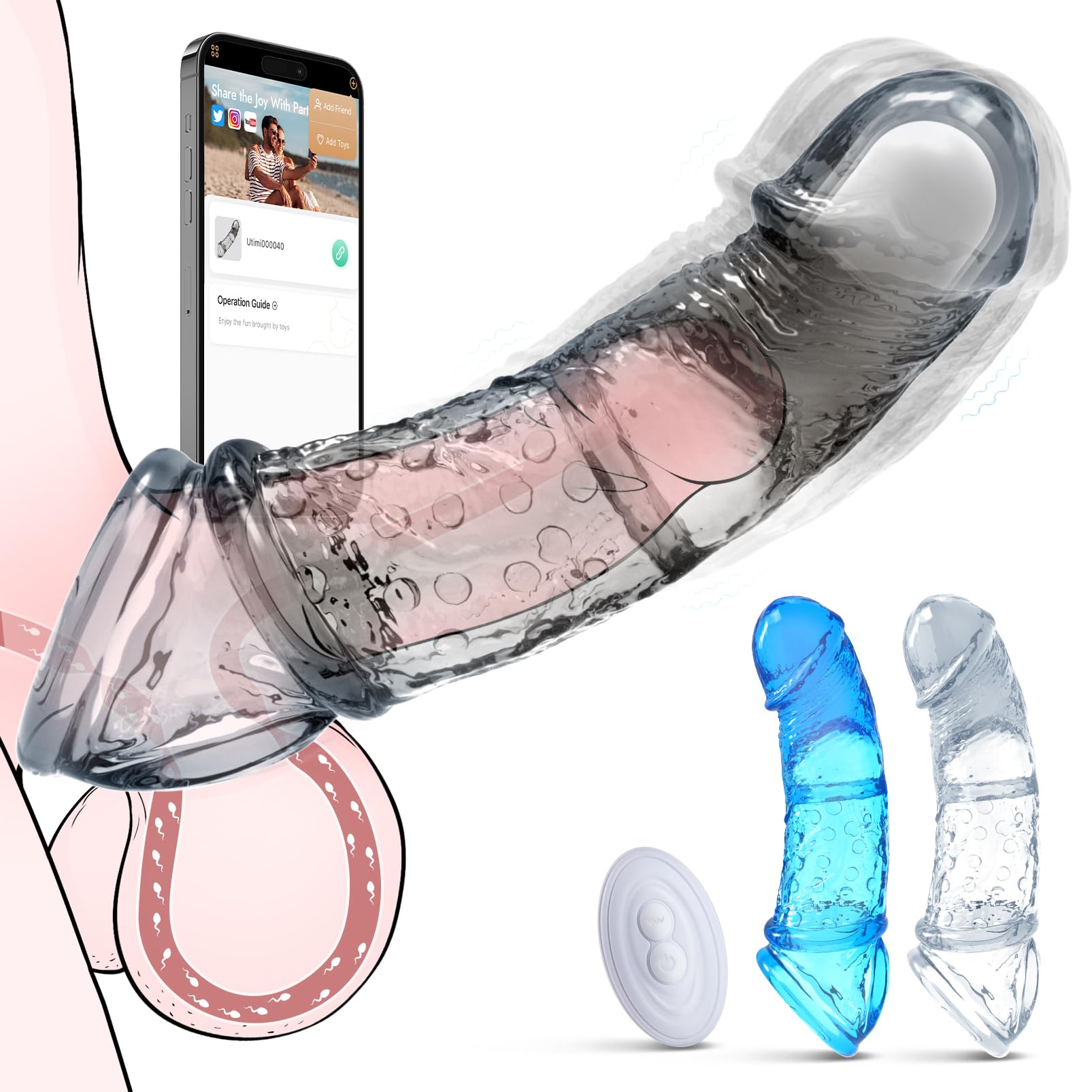 Vibrating Penis Sleeve for Men - 10 Vibration Modes Reusable Extender with 3 Sleeves & 2 Adjustable Rings, App Remote Control Adult Pleasure Toy for Couples, Girth Enhancer & Long Lasting Support