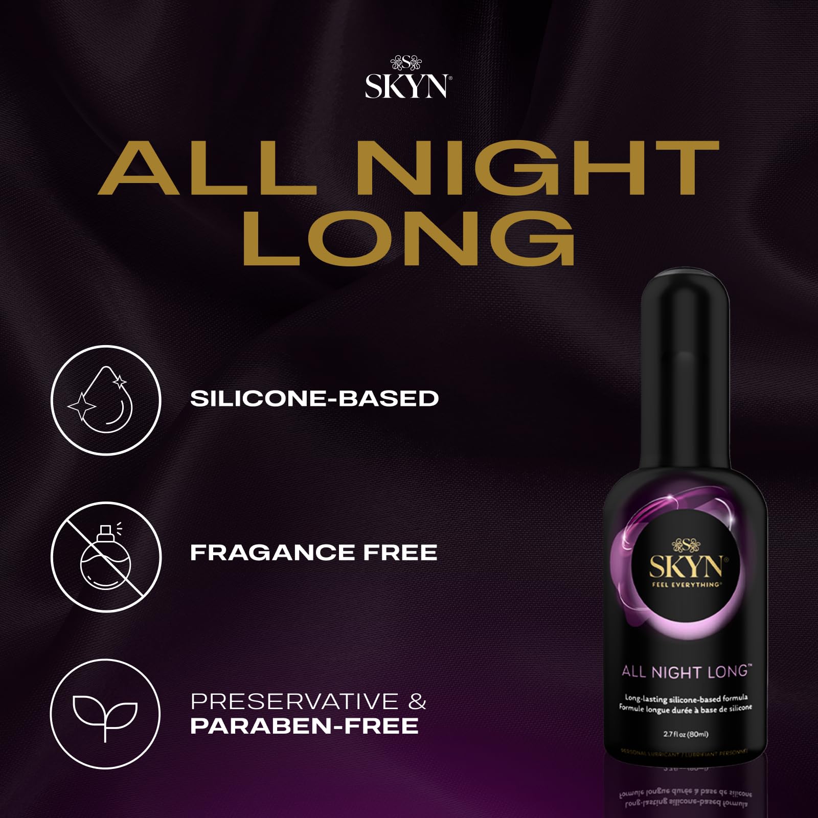 SKYN All Night Long Silicone-Based, Long Lasting Lube (2.7 oz) for Men, Women and Couples, Safe with Latex and Non-Latex Condoms