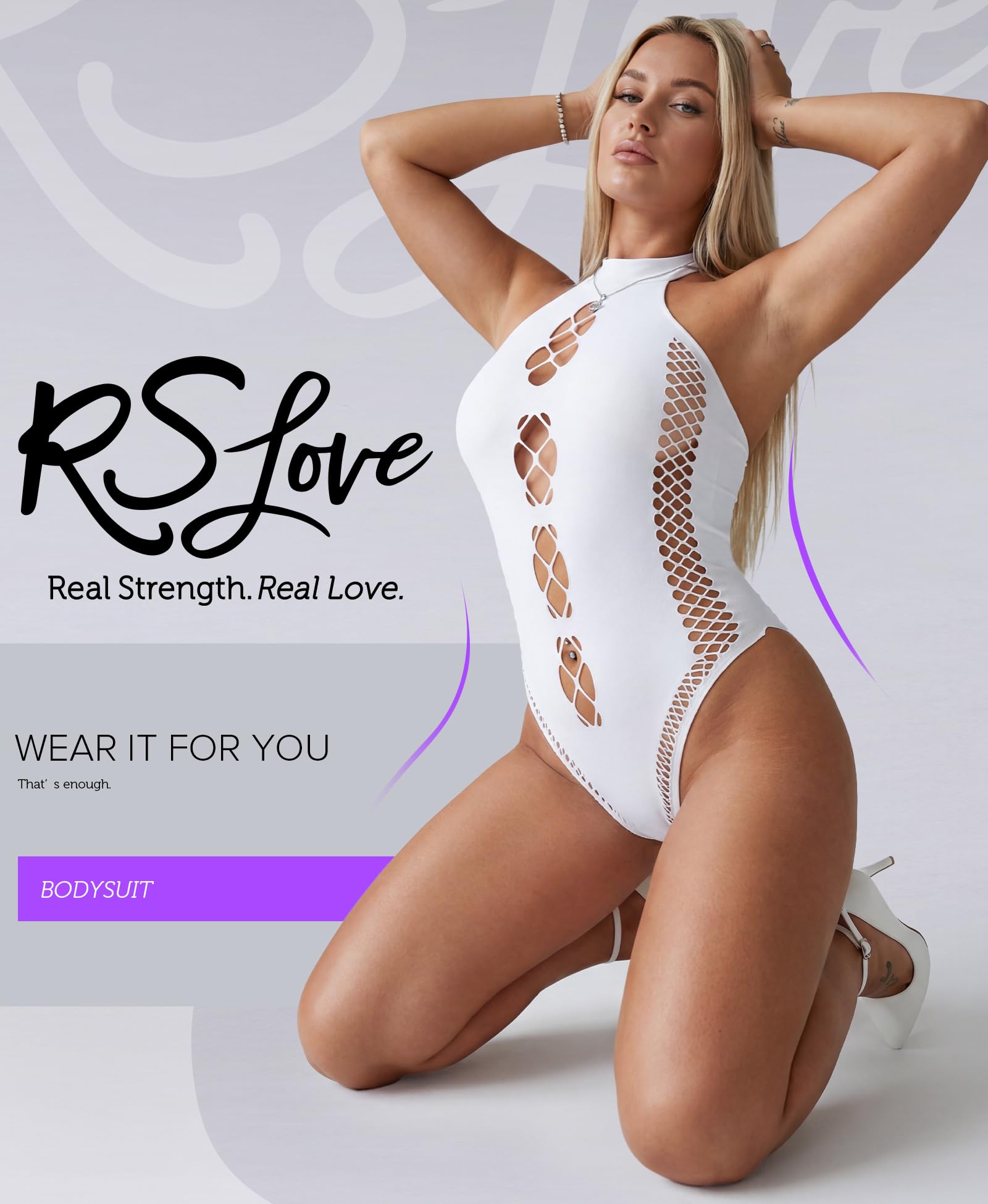 RSLOVE One Piece Lingerie for Women - Fishnet Bodysuit Cutout Mesh Teddy Sexy Stripper Rave Outfits Exotic Bodystocking White