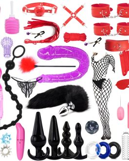 BDSM Restraints Sex Toys 32 Pcs Bondage Restraints Kits Crops Anal Plug Set Butt Plug Anal Plug Sex Toys Vibrator Anal Dildo BDSM Toy Kit for Women and Men