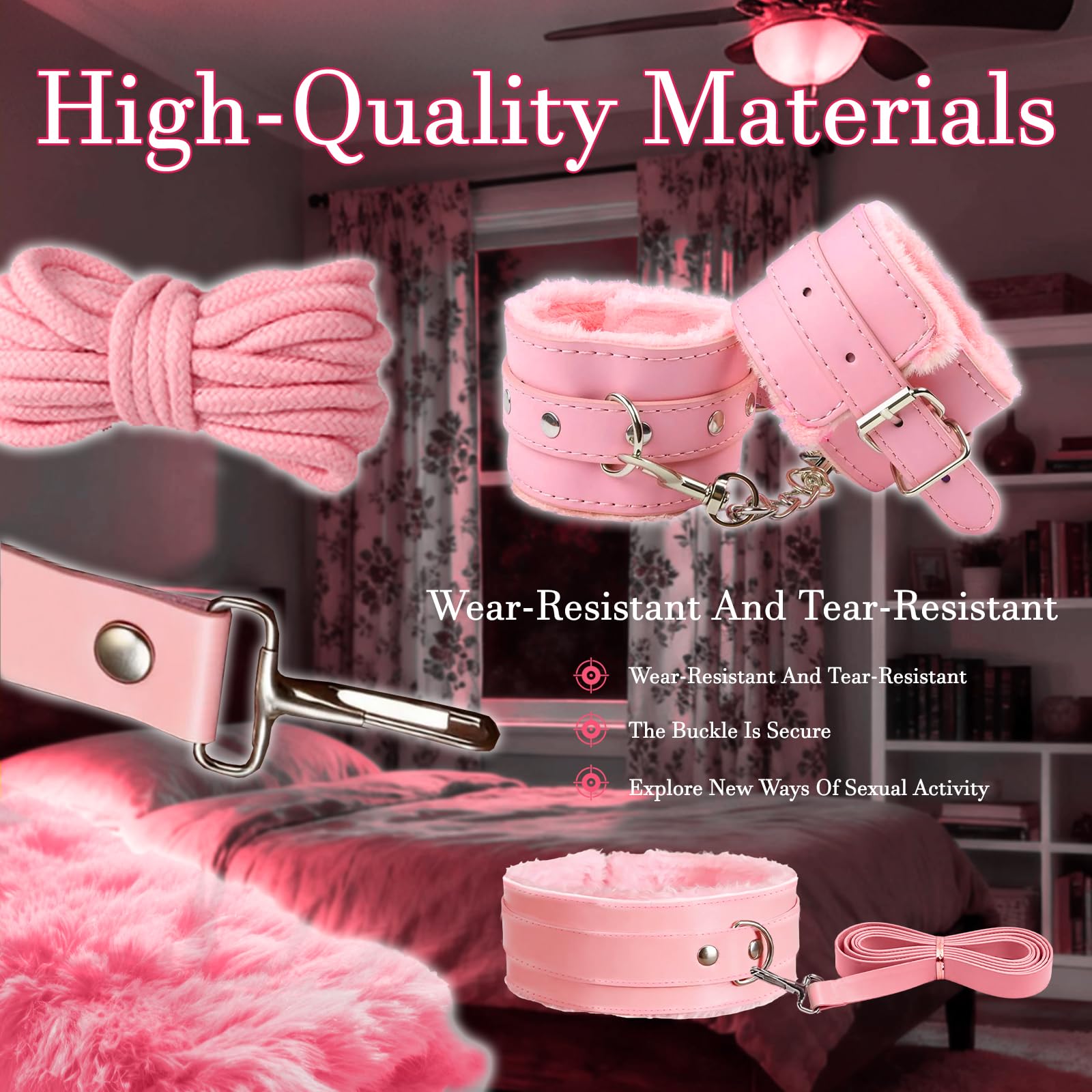 BDSM Bondage Kit Sex Toys 10 Pcs Sex Bondage Set for Beginners Ball Gag Bondage Rope BDSM Kit for Couples (Pink)
