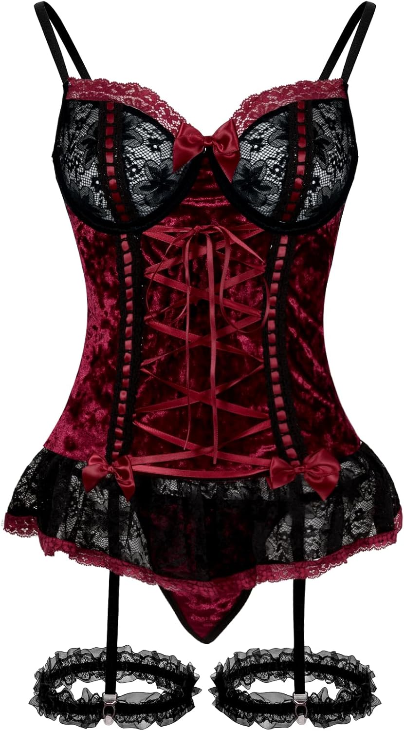 Sexy Mesh Corset Ruffle Lace Up Underwire Sheer Garter Belt Babydoll Lingerie Set With Thong 3 Piece Women
