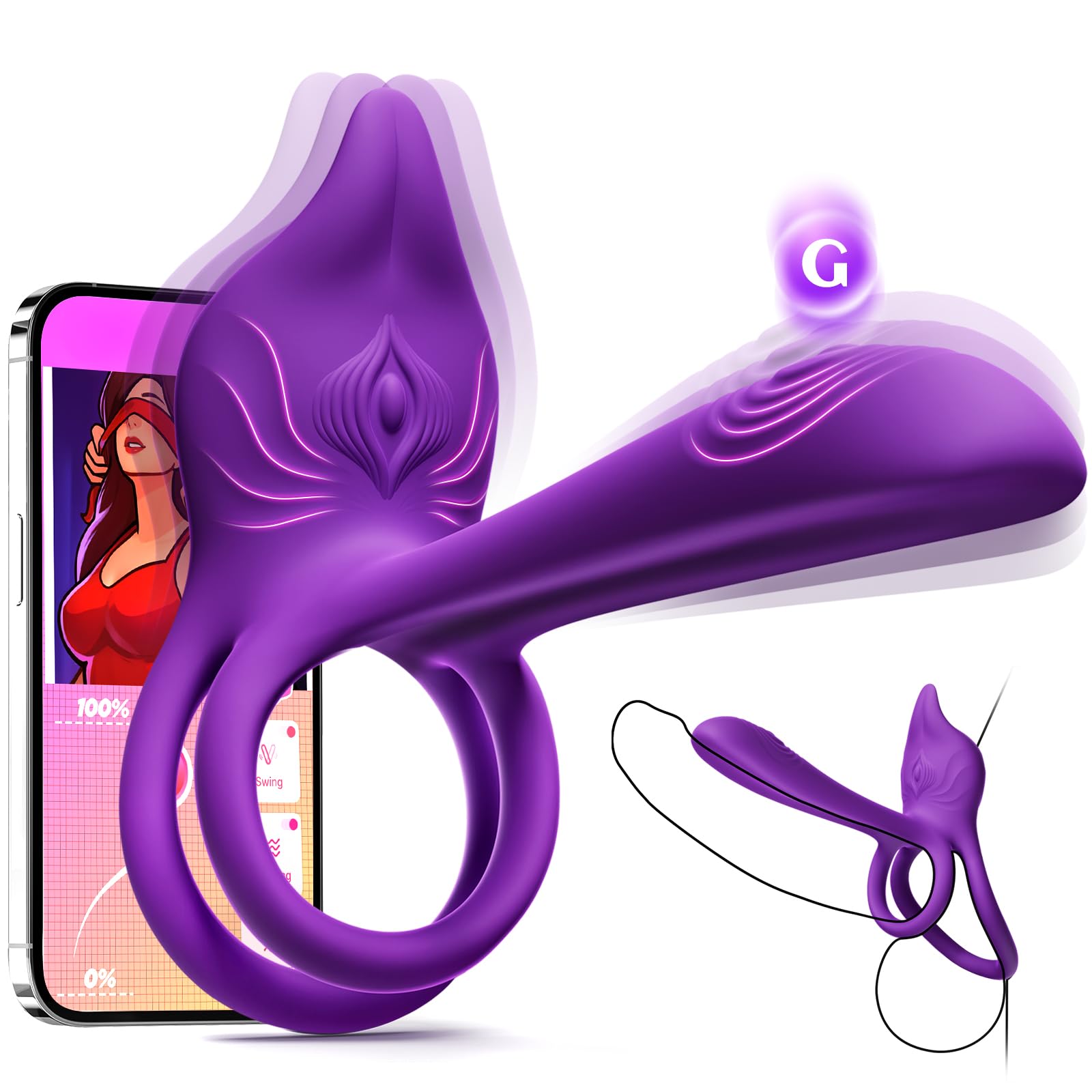 Vibrating Cock Ring Couples Sex Toys - MOOLIGIRL Dual Penis Ring Vibrator with Fox-Shaped Clitoral Stimulator & 4.6in G Spot Vibrator, 10 Vibration Adult Toys for Men Women, Nipple Clamps Toy Jewlery