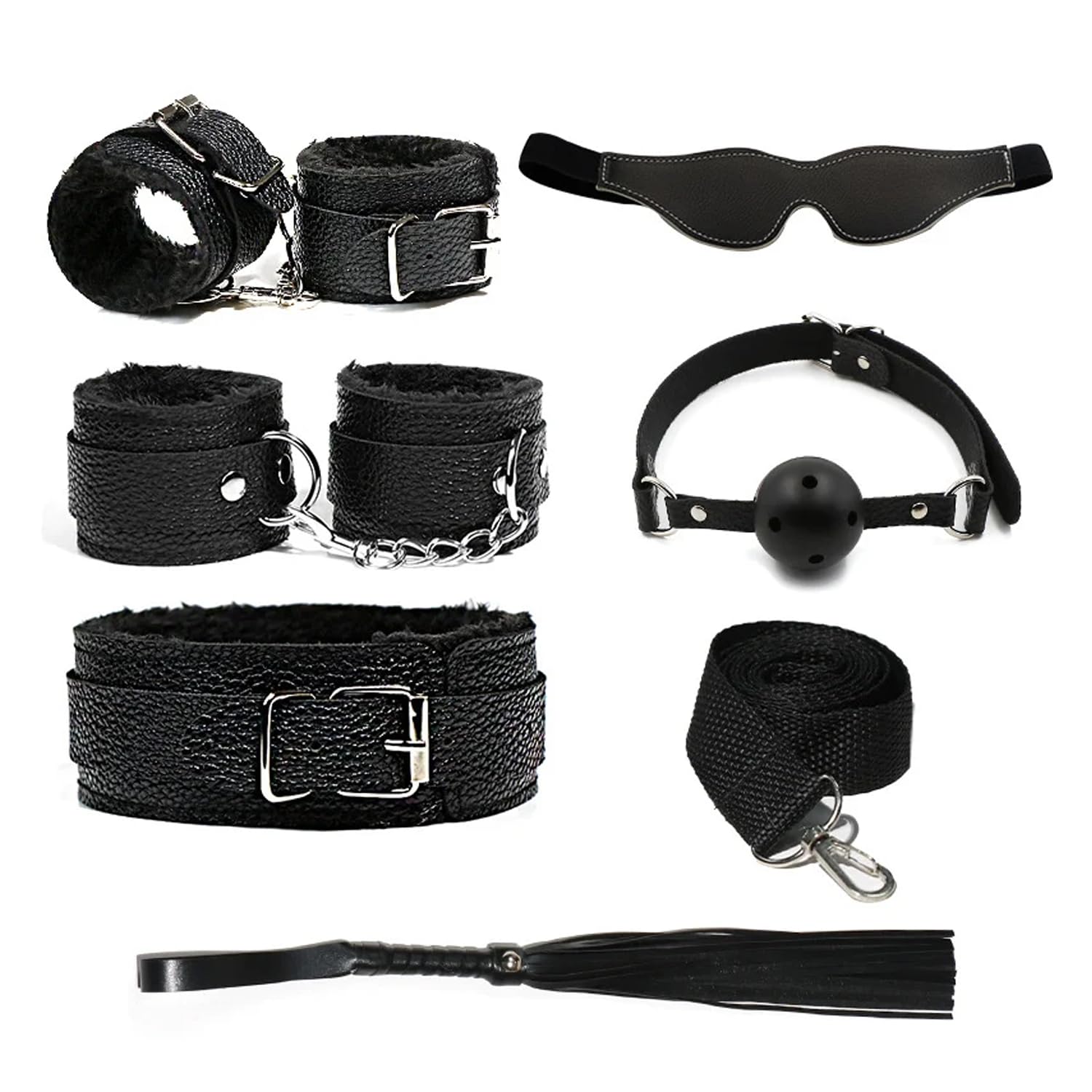 BDSM Kit Sex Bondage Restraint Adult Sex Toys for Couples, 7Pcs Adjustable Handcuffs Collar Ankle Cuff Blindfold Ball Gag Feather Tickle Sex Whip Paddle