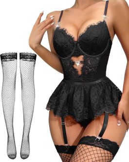 Sexy Stocking Rhinestones Heart Garter Underwire Floral Mesh lace Sheer Babydoll Lingerie Teddy Bodysuit Skirt Set