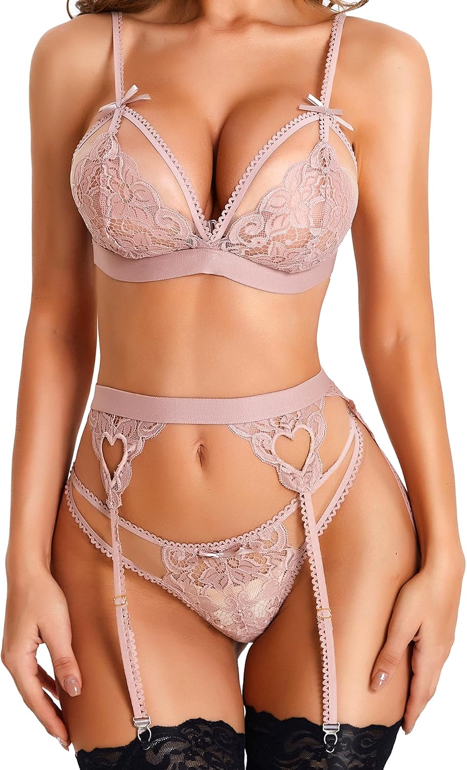 RSLOVE Women Lingerie Set with Garter Belt | Heart Cutout Lace Design, Adjustable Fit, Soft Stretch Fabric, 3 Piece Romantic Lingerie Set