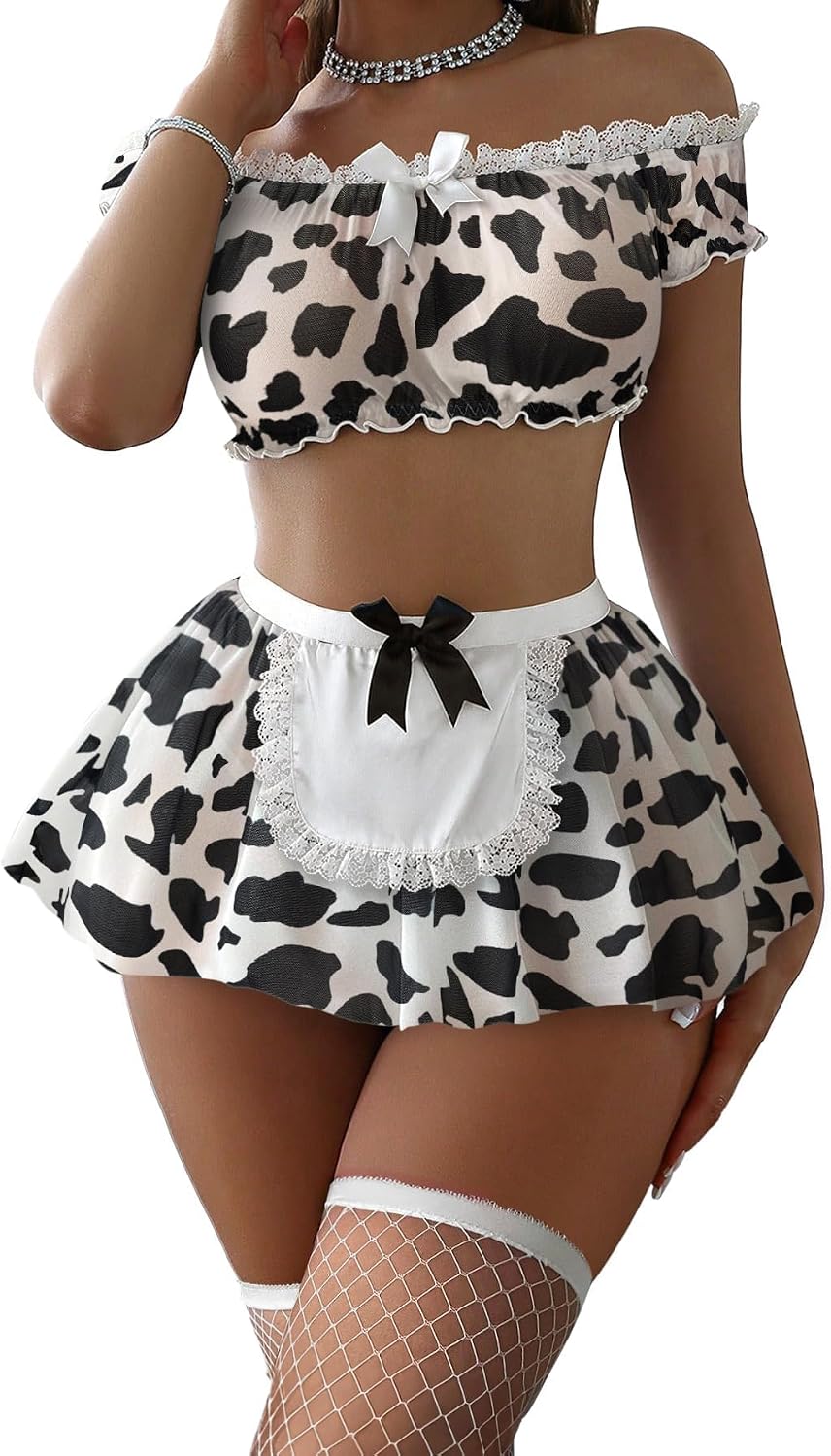 Sexy Stockings Mini Skirt Mesh Sheer Lace Halloween Costume Maid Outfit Lingerie with Thong Set 4 Piece