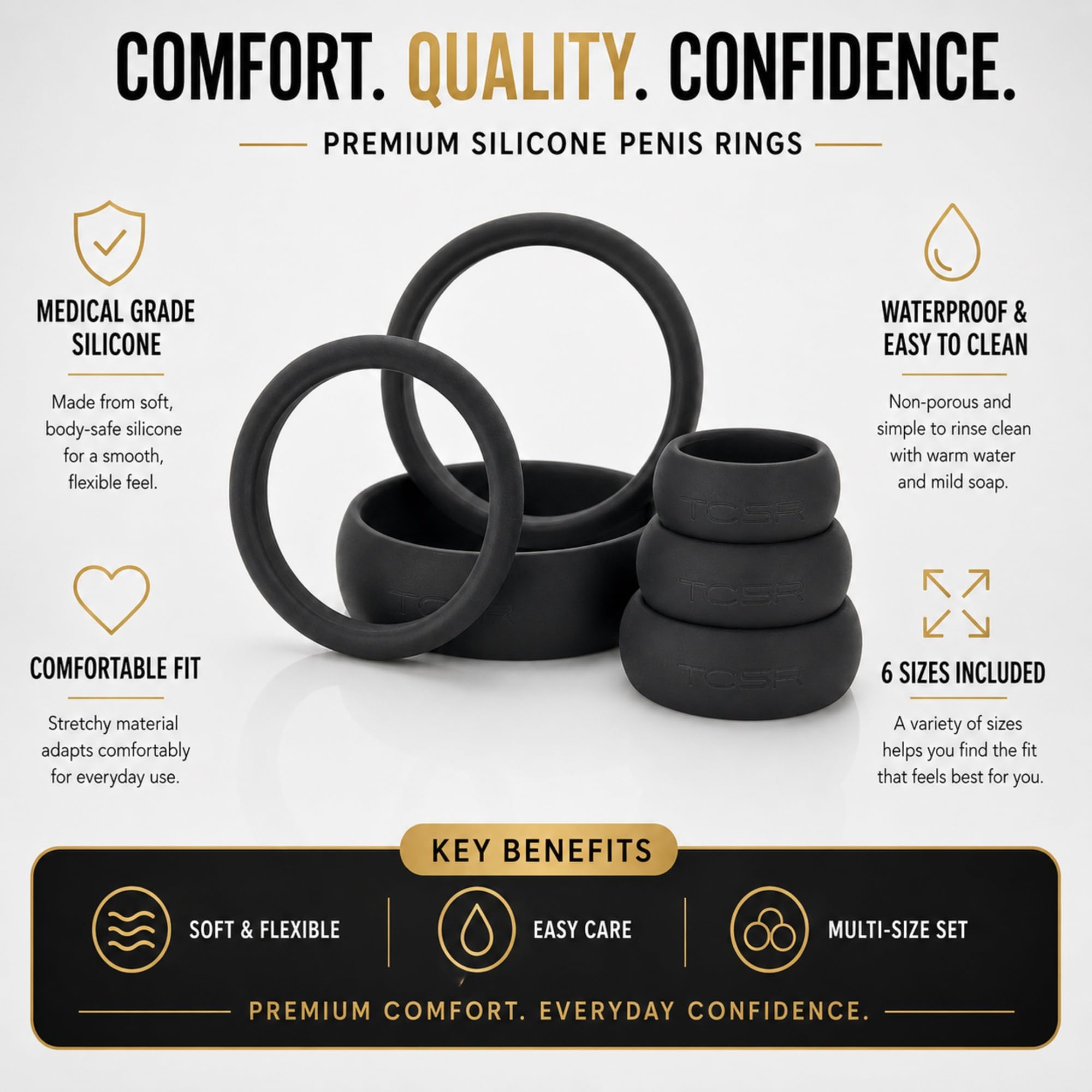 TCSR 6 Different Size Cock Rings - Medical Grade Soft Silicone Penis Rings - Better Sex