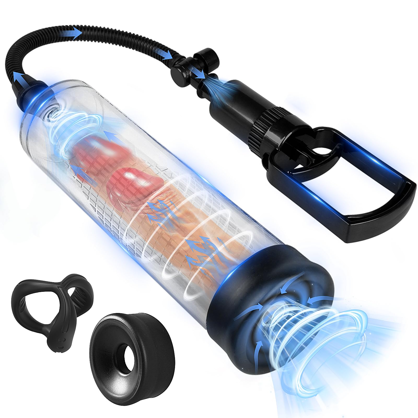 Penis Pump Sex Toys for Men,Baotsuri Manual Penis Enlarger Enlargement Extend Pump Air Pressure Device for Men Stronger Bigger Erections with 1 Triangular Penis Ring and 1 Large Silicone Penis Sleeve