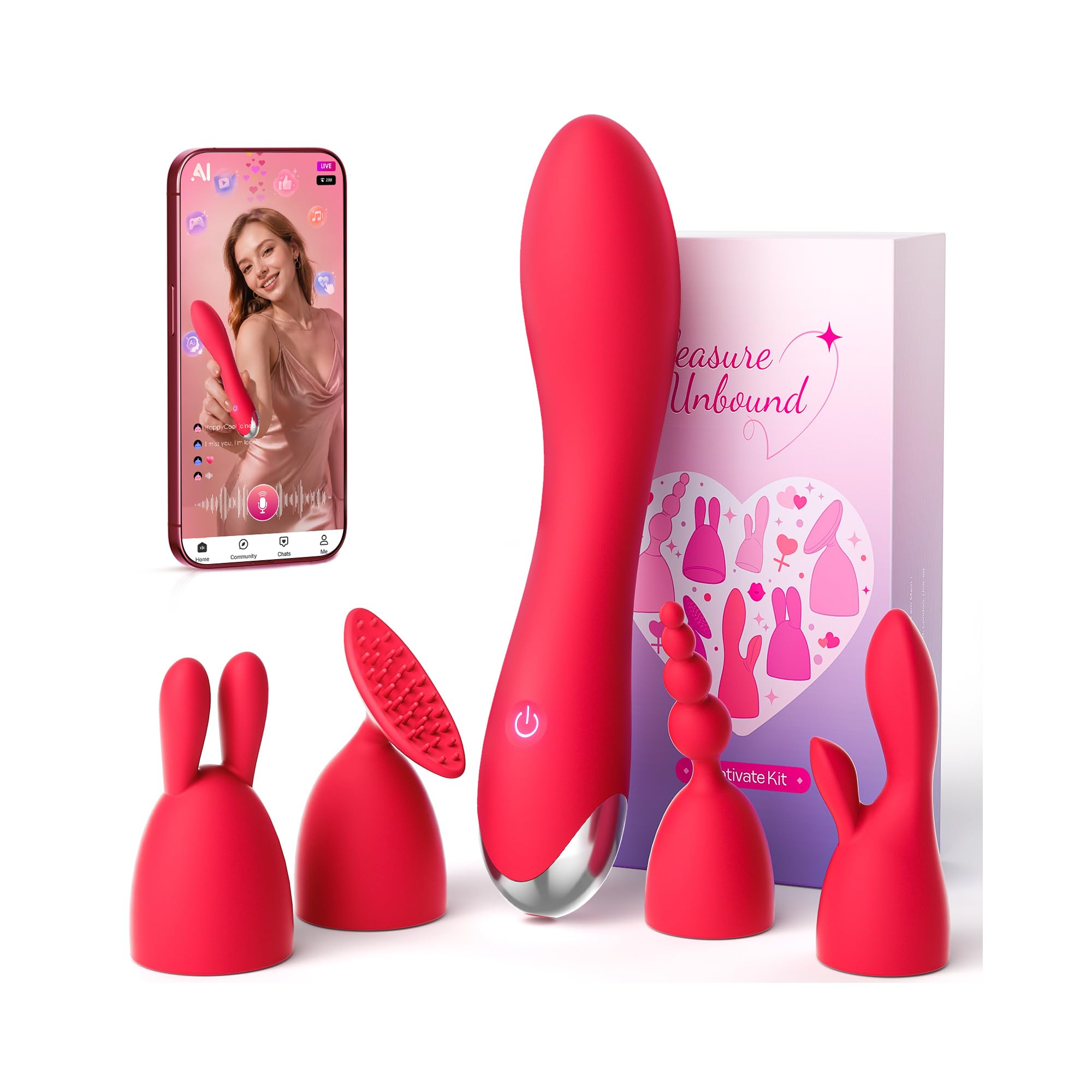 MOOLIGIRL Dildo Vibrator Kits, Women Sex Toys Adult Toy APP Control 20 Modes with 4 Replacement Silicone Heads for Solo and Couples, IPX6 G Spot Vibrators for Clitoral Nipple and S&M Floggers Black