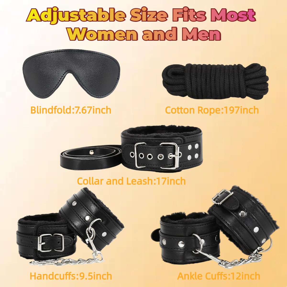 Sex Bondage Restraint Kits BDSM Toys 12 Pcs Handcuffs Ankle Cuffs Anal Plug Nipple Clamps Ball Gag Blindfold Rope Leather Restraints Set Adjustable for Adult Beginners (Black)