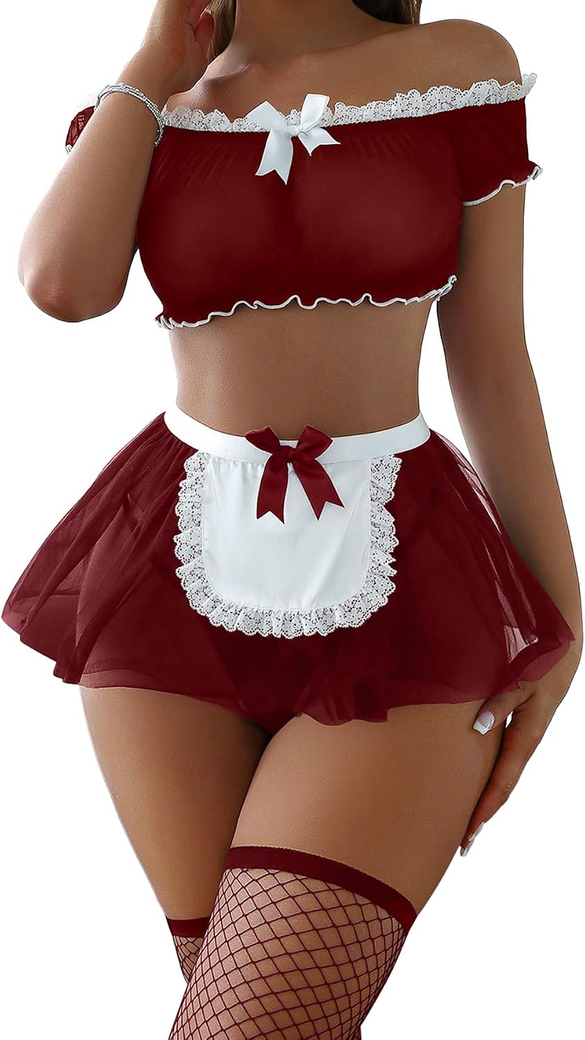 Sexy Stockings Mini Skirt Mesh Sheer Lace Halloween Costume Maid Outfit Lingerie with Thong Set 4 Piece