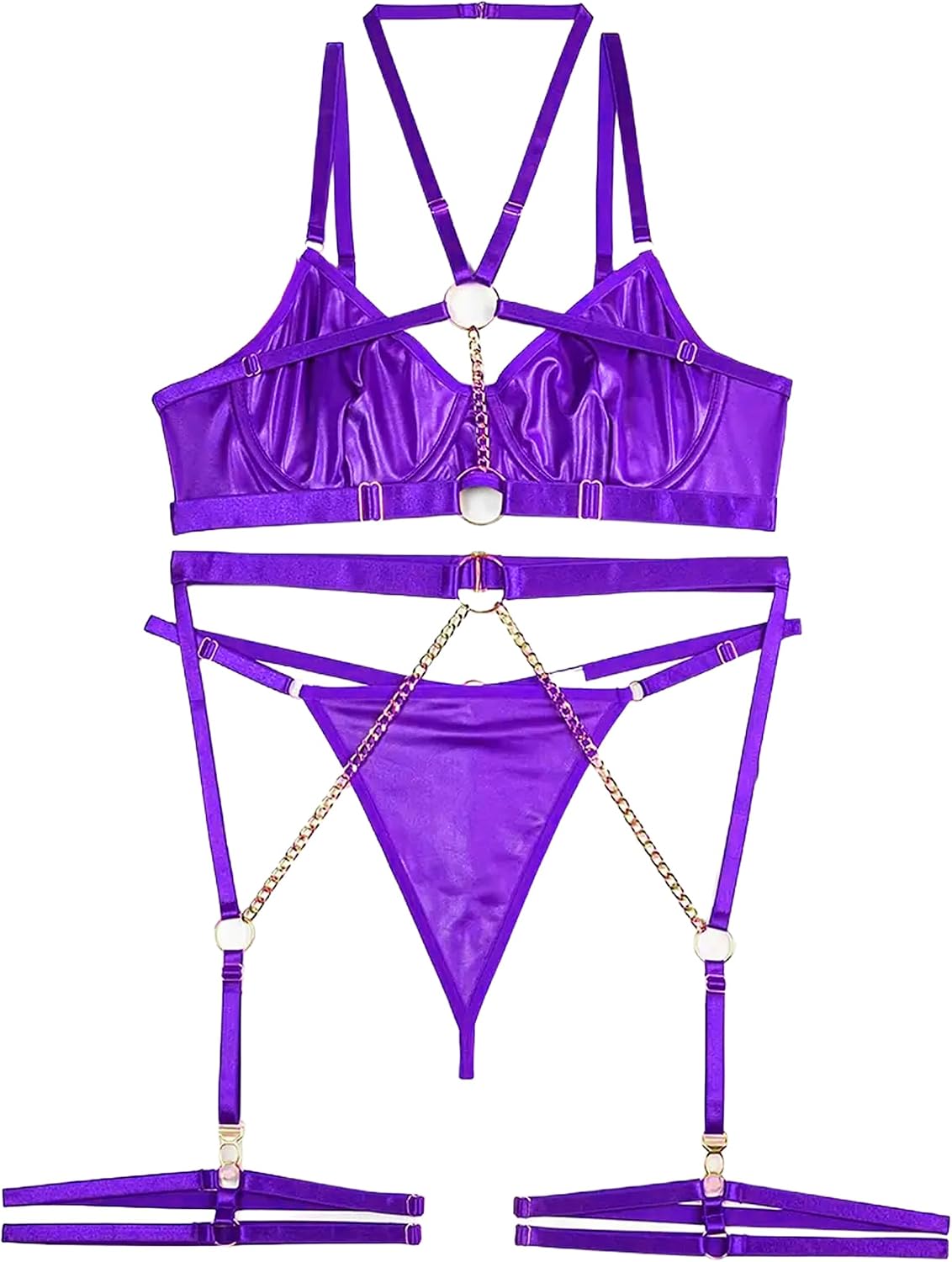 Avidlove Lingerie Set for Women Sexy Strappy 5 Piece Lingerie Garter with Underwire Push Up Bra and Chain