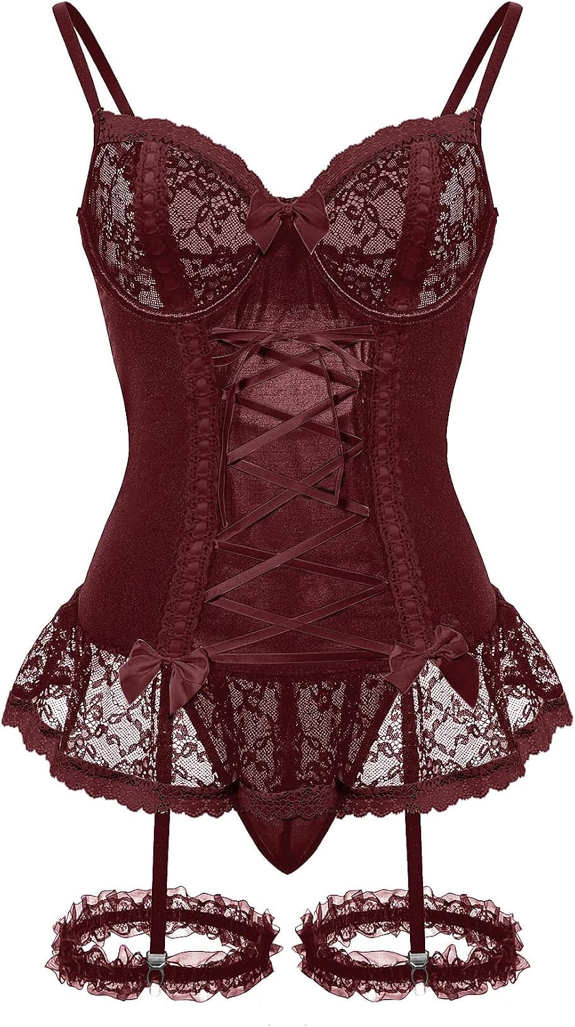 Sexy Mesh Corset Ruffle Lace Up Underwire Sheer Garter Belt Babydoll Lingerie Set With Thong 3 Piece Women