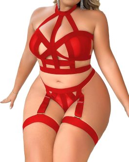 WDIRARA Women’s Plus Size Strappy Harness Hollow Out 4 Piece Lingerie Set Criss Cross Bra and Thong Set with Garters