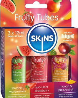 SKINS Flavored Lube Set – 3 Flavored Water Based Lubes – Fruity Edible Lubricant & Licks – Watermelon, Strawberry and Mango & Passionfruit Flavored Lube for Oral Pleasure & Intercourse