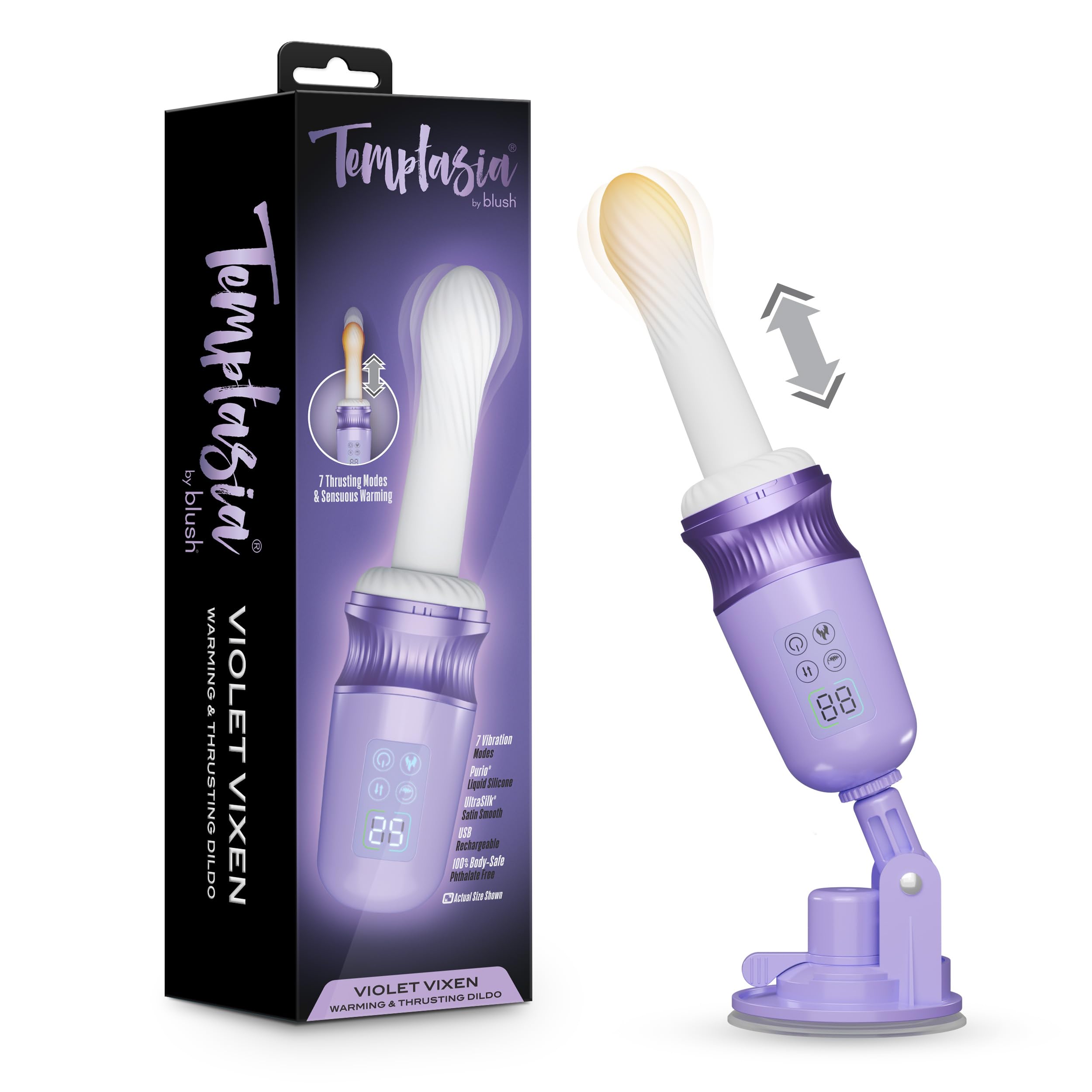 Blush Temptasia Violet Vixen 10.75" Sex Machine Dildo ~ Thrusting Vibrator w/Suction Cup ~ 7 Thrust & 7 Vibration & Warming Modes ~ G-Spot Clitoral Vaginal Play ~ Luxury Sex Toys for Women Couples