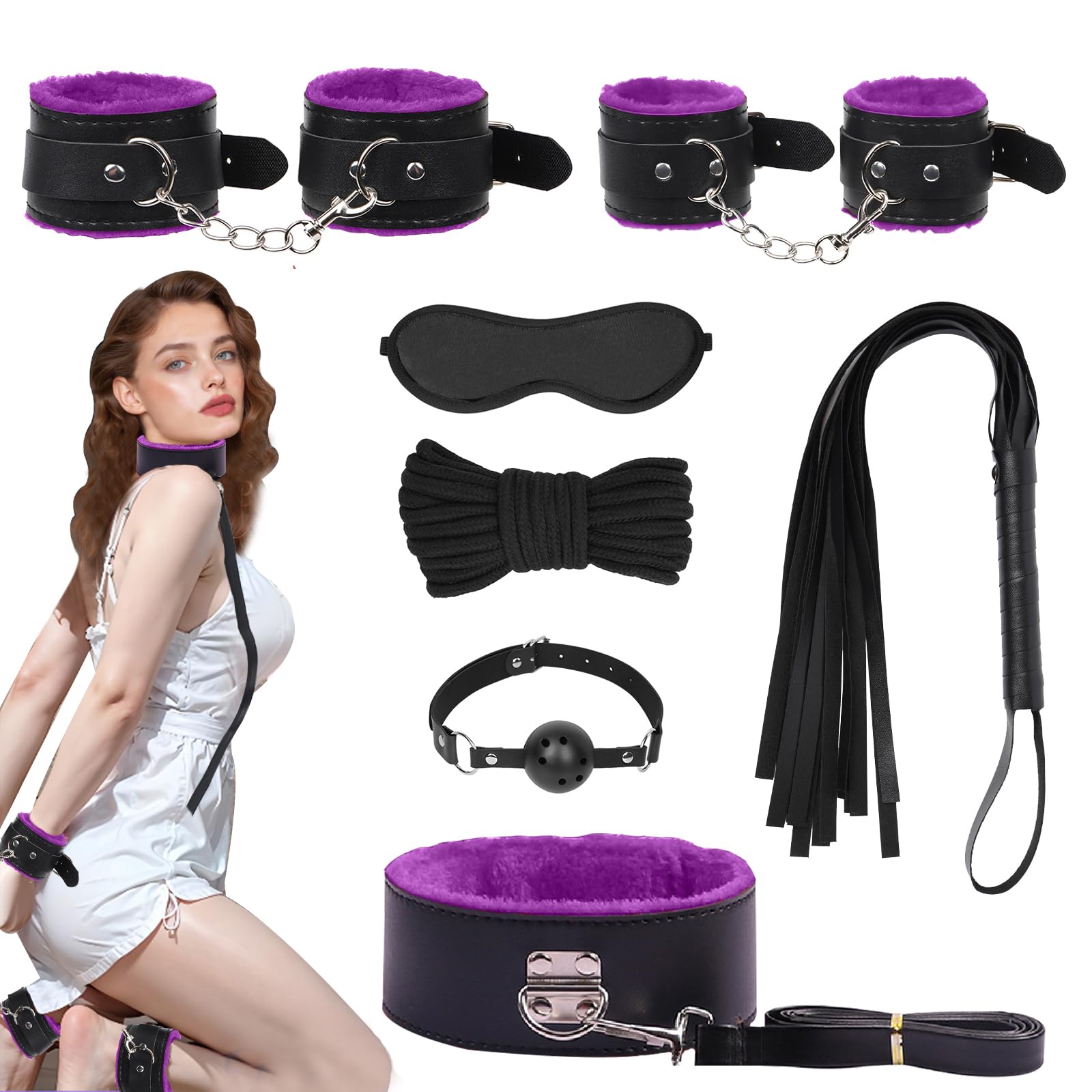BDSM Bondage Kit Sex Toys 8 Pcs Sex Bondage Set for Beginners Ball Gag Bondage Rope BDSM Kit for Couples (Purple, 8PCS)