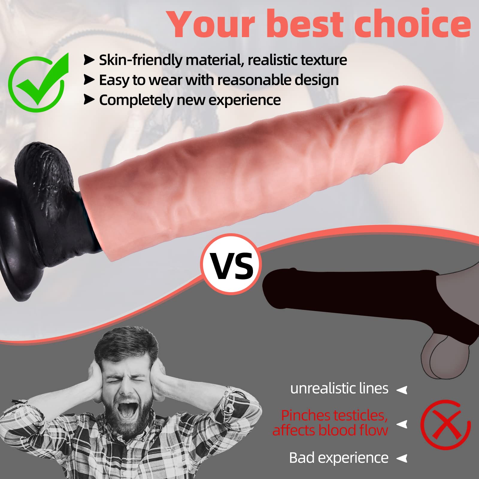 Reusable Penis Sleeve Extender Realistic Textured Cock Extender Body-Safe Stretchy Ultra-Soft Material Cock Enlarger Applicative for Men & Couple