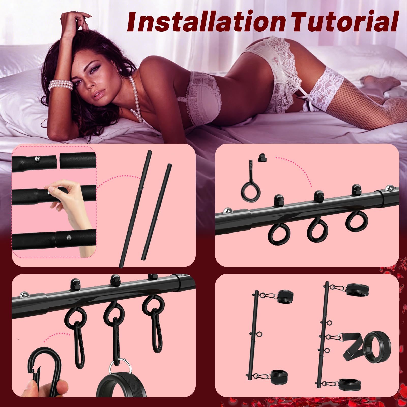 Spreader Bar Sex Toys BDSM Bondage Restraints with Leather Handcuffs Ankle Cuffs Furniture Restraints Kit Expandable Fetish Sm Games (Black)