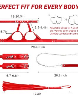 Breast Bondage Restraints Set for Couples – Adjustable Leather BDSM Harness with Handcuffs, Collar, Traction Chain & Whip – Kinky Adult Toys for Bedroom Roleplay, Fits B-E Cup (Red)