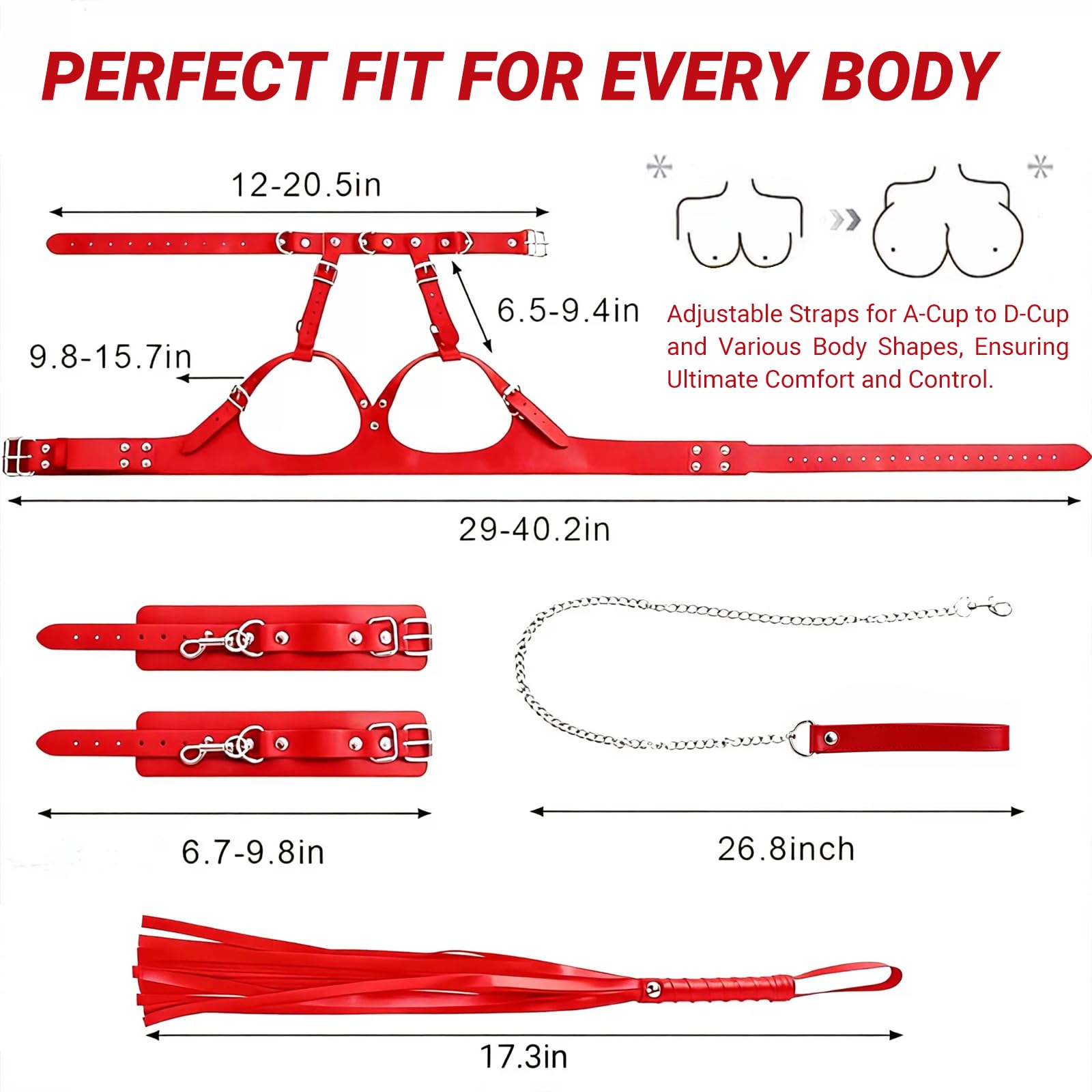 Breast Bondage Restraints Set for Couples – Adjustable Leather BDSM Harness with Handcuffs, Collar, Traction Chain & Whip – Kinky Adult Toys for Bedroom Roleplay, Fits B-E Cup (Red)