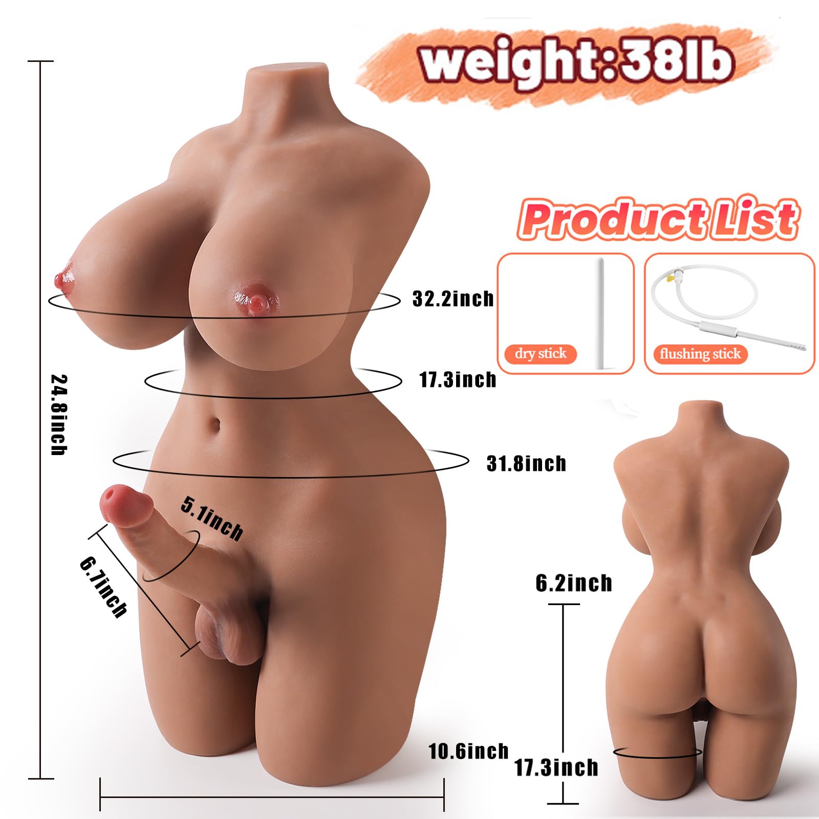 38LB Shemale Torso Sex Doll with Realistic Dildo Big Boobs Anal Sex, Male Sex Doll for Women Transsexual Shemale Adult Toys Male Masturbators Unisex Anal Sex Stroker for Couple Men Women